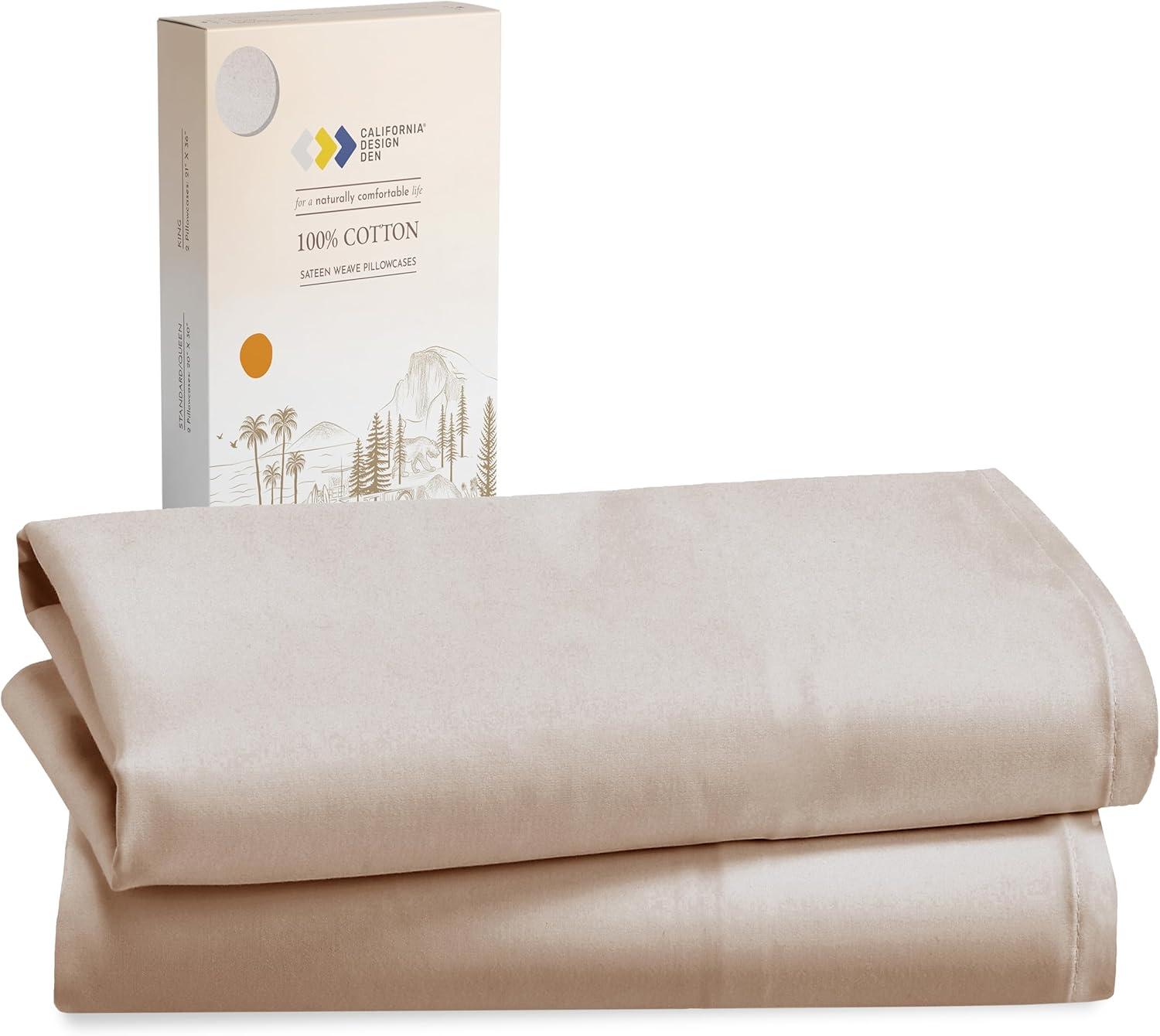 Beige Cotton Sateen Weave Standard/Queen Pillowcases Set of 2