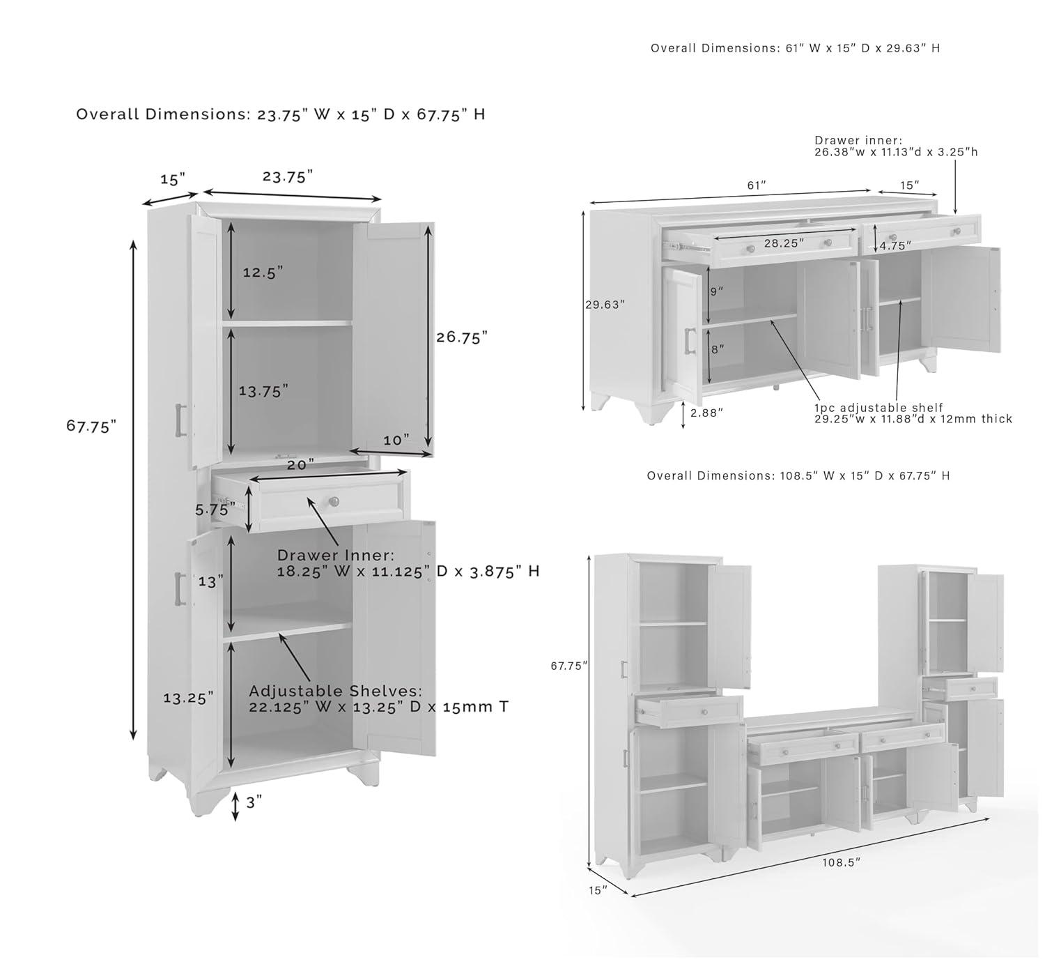 3pc Tara Sideboard and Pantry Set Distressed White - Crosley: Kitchen Storage, Adjustable Shelves, MDF