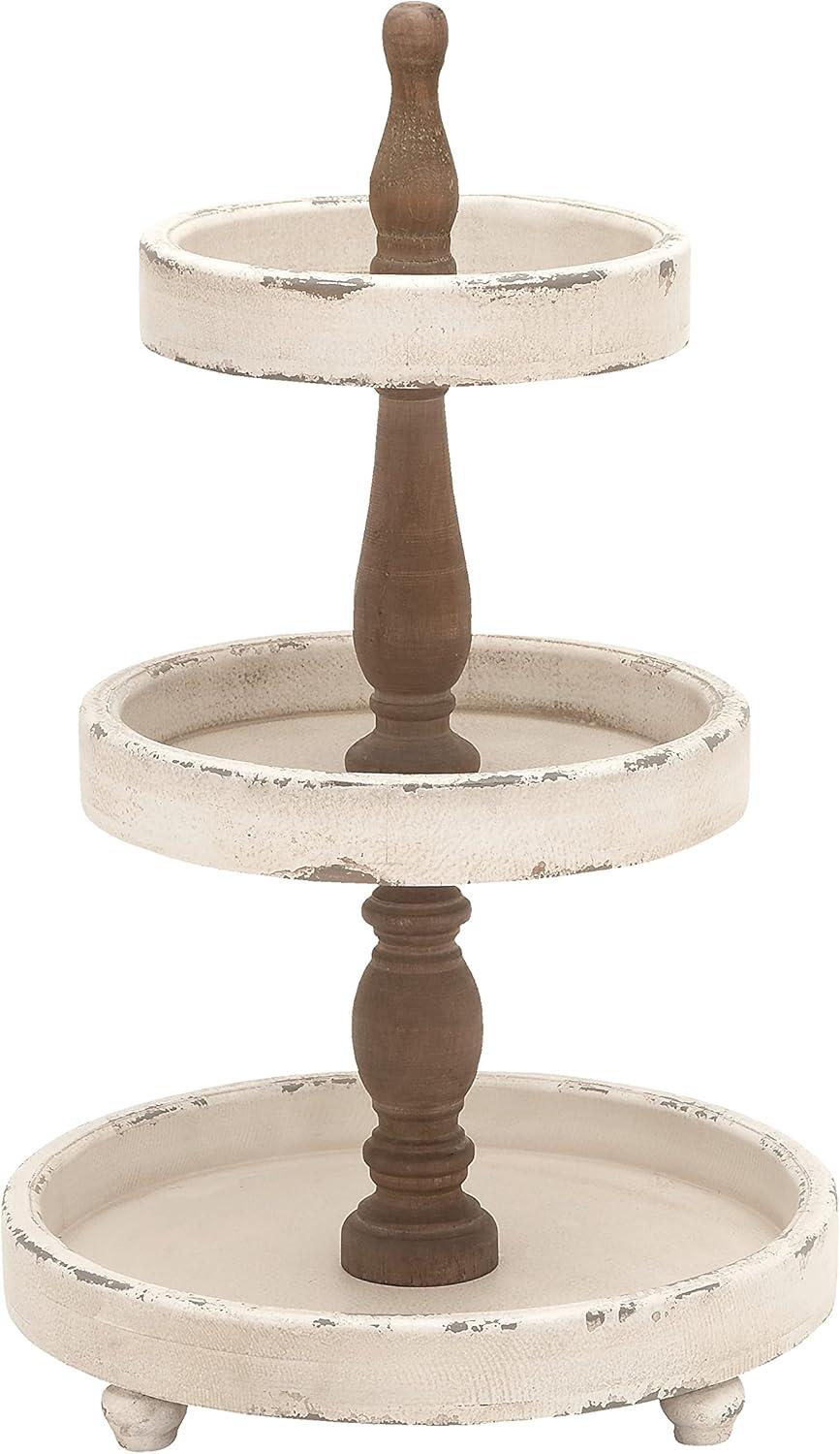 Distressed White and Brown Wood 3-Tier Round Serving Tray