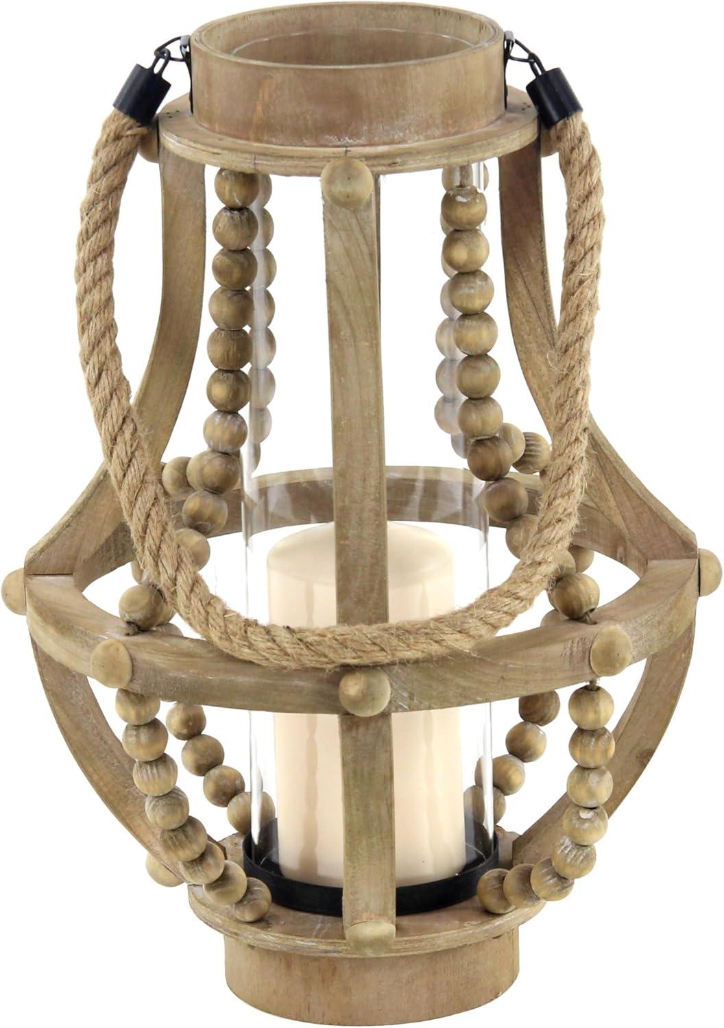 Olivia & May 16" x 10" Rustic Wood/Glass Candle Holder with Rope Handle Beige : Wooden Lantern, Tall Pillar Style