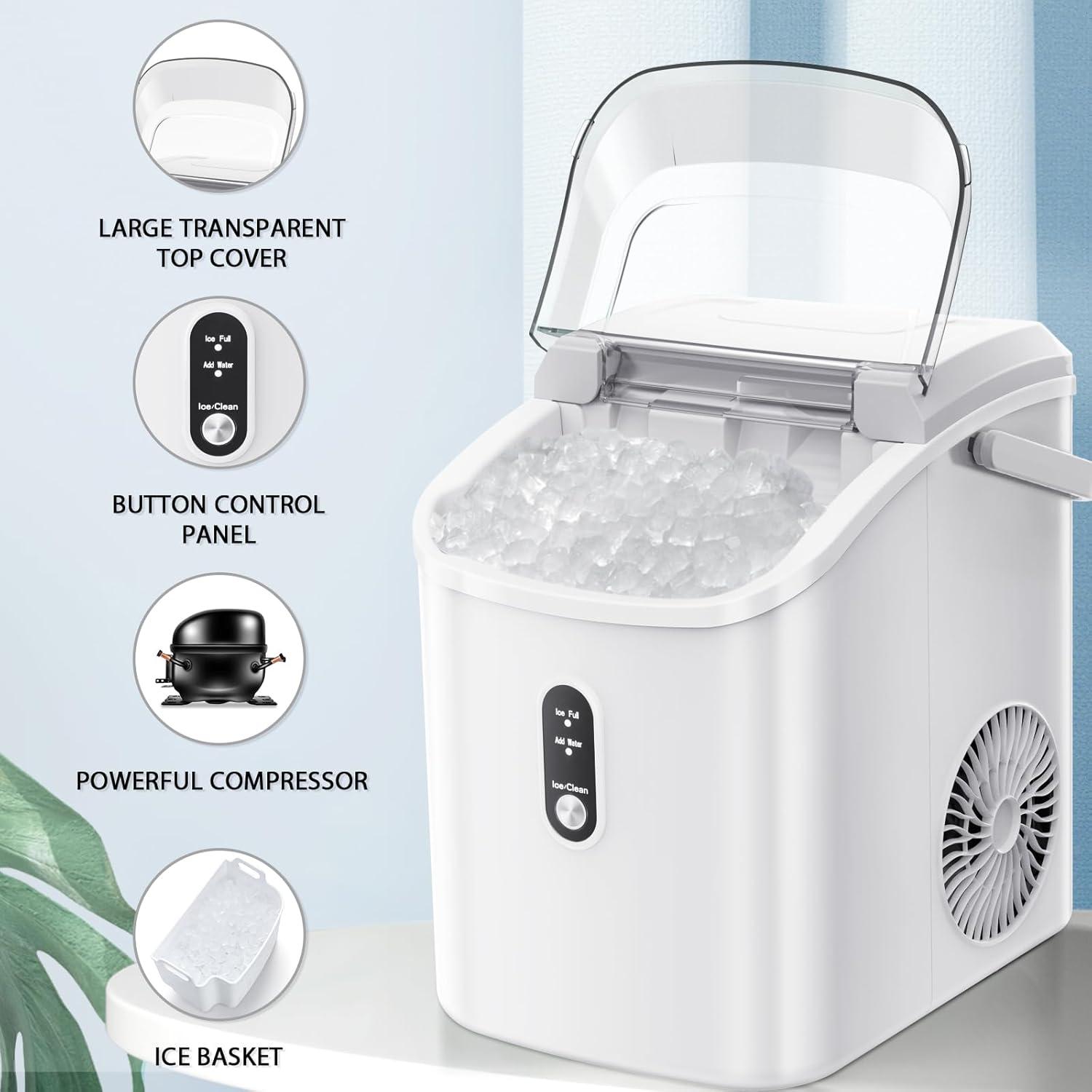 White Portable Countertop Nugget Ice Maker with Self-Cleaning