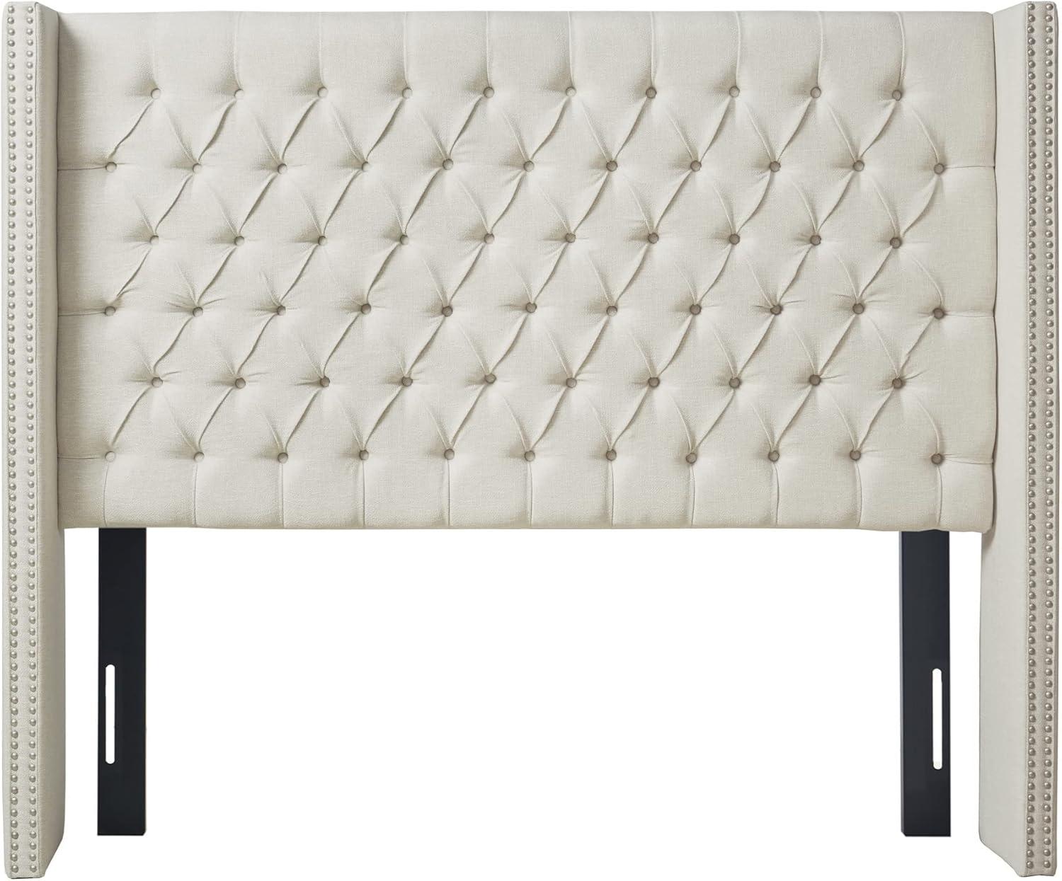 Cream Tufted Upholstered King Headboard with Nailhead Trim