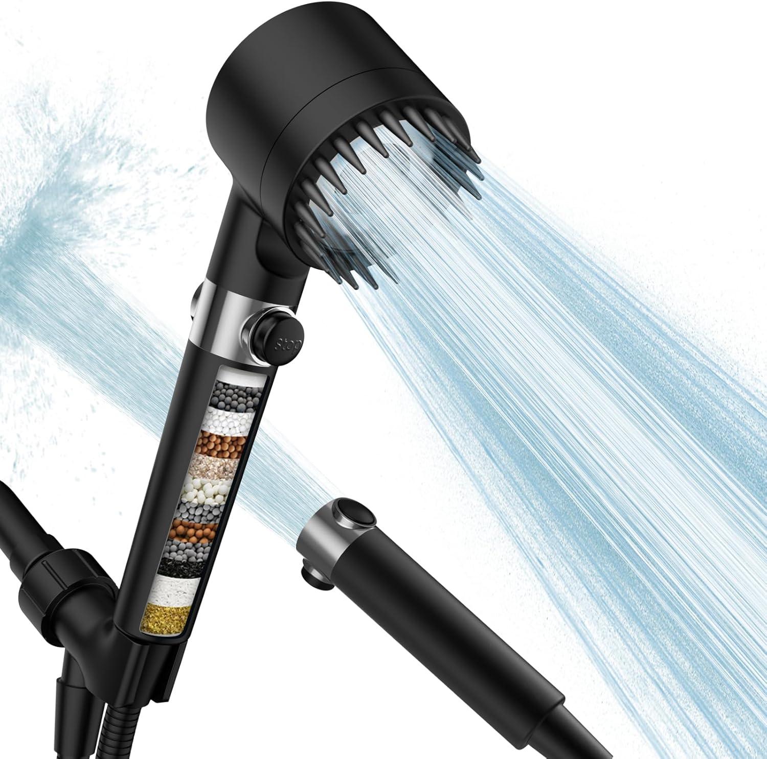 FETLOD B0CXDBC928-36 Filtered Shower Head With Handheld, High Pressure 3 Spray Mode Showerhead With 18 Stage Water Softener Filters For Hard Water - Remove Chlorine-BLACK