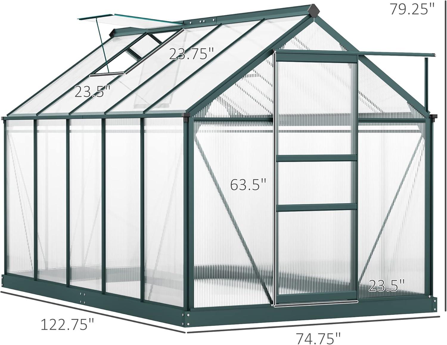 Outsunny Polycarbonate Greenhouse, Heavy Duty Outdoor Aluminum Walk-in Green House Kit with Vent & Door for Backyard Garden