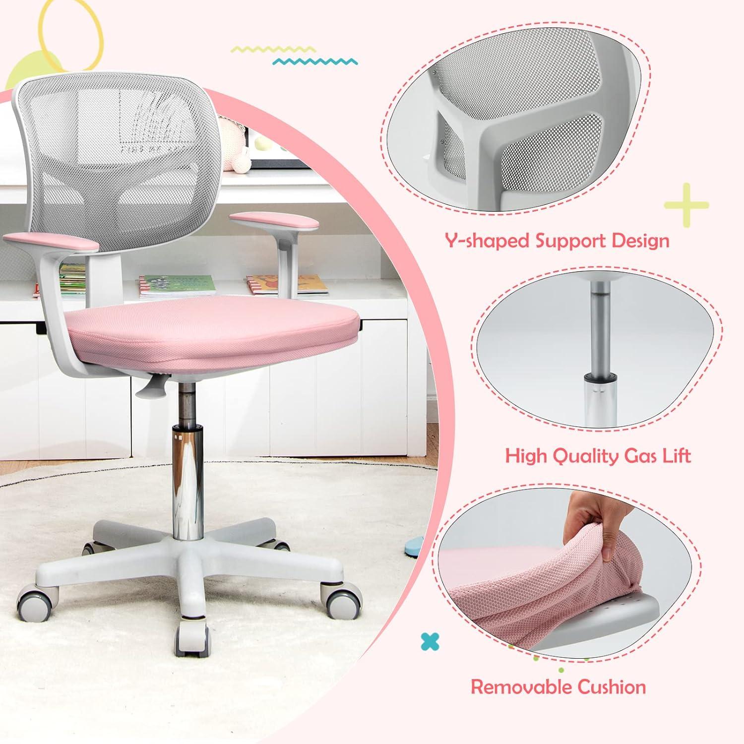 Pink Adjustable Mesh Swivel Kids Desk Chair with Armrests