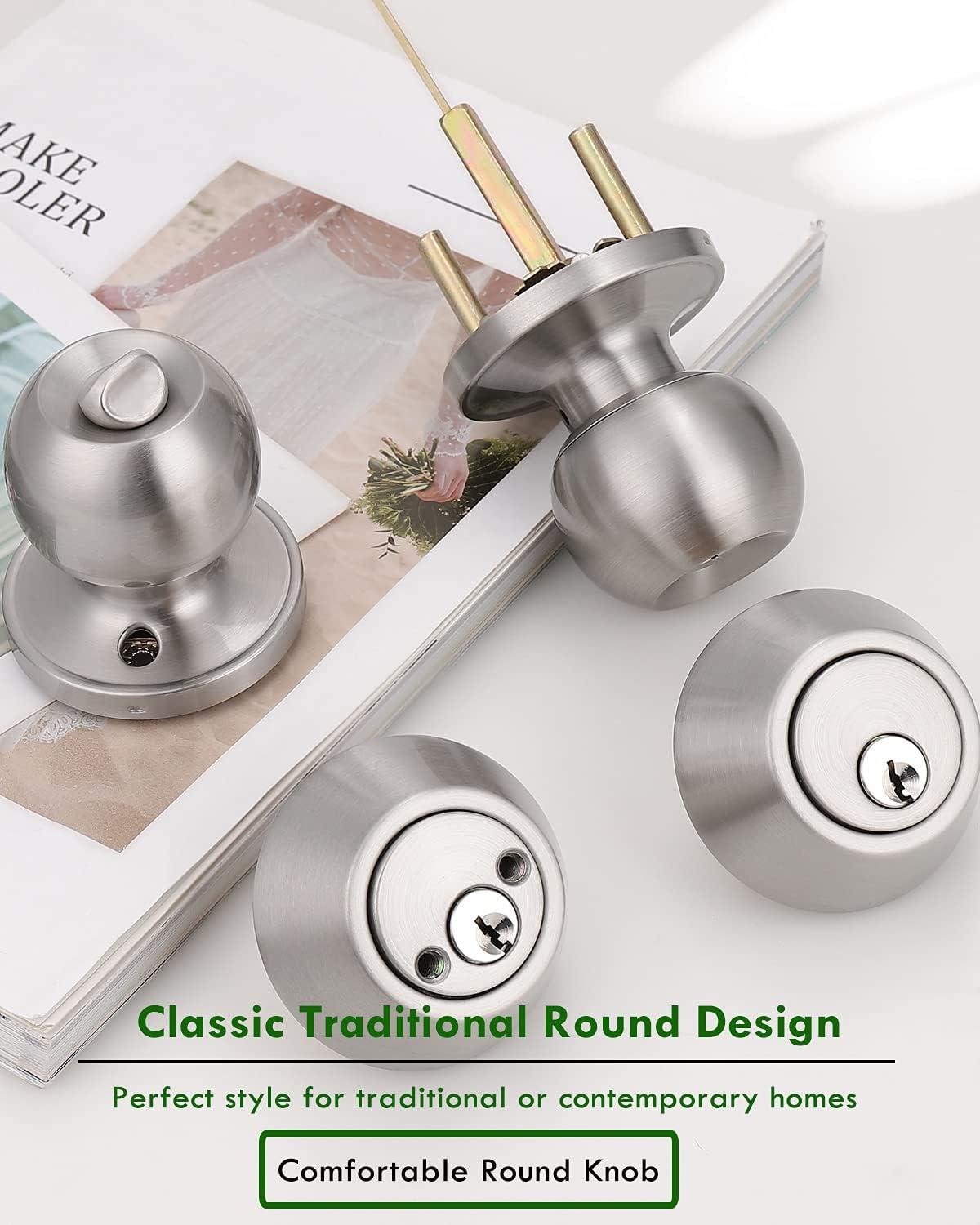 Brushed Nickel Round Stainless Steel Entry Knob and Deadbolt Set