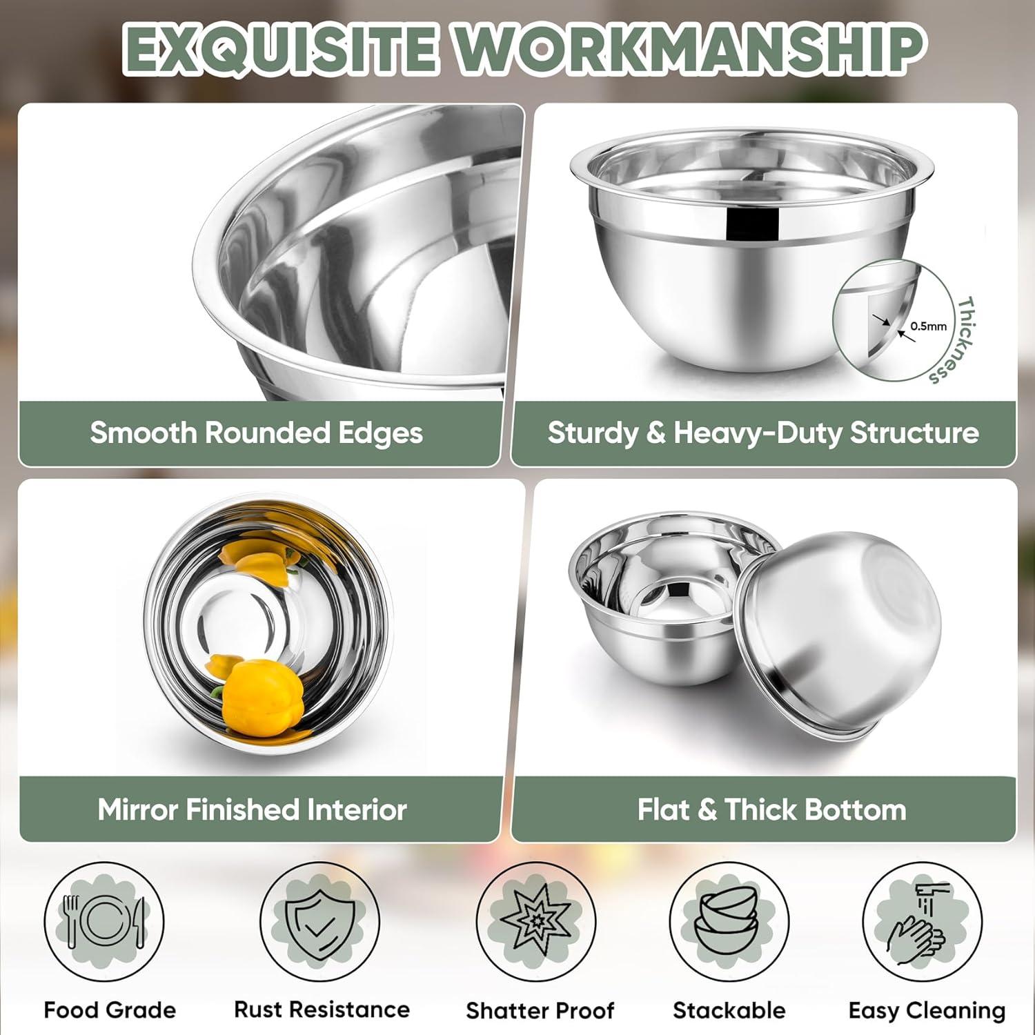 Toledo Bath & Kitchen Stainless Steel Mixing Bowls With Lids, 5-Pack Metal Nesting Bowls With Airtight Covers For Cooking, Baking, Serving, Storage, Non-Toxic & Dishwasher Safe, Size 4.6/3/1.5/1/0.7QT - Khaki