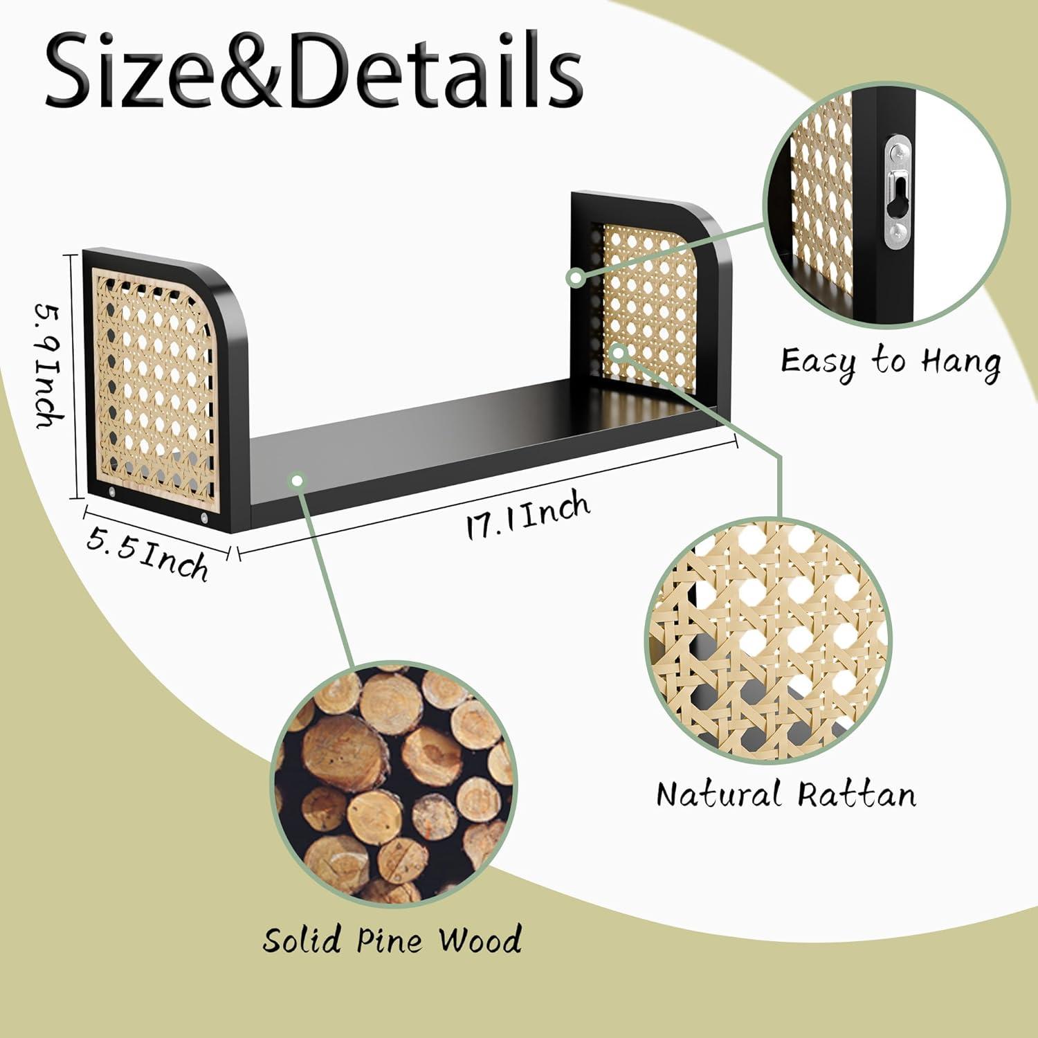 Black Rattan Wall Shelf, Hanging Book Shelves for Wall, Decorative Shelves for Natural Nursery Decor, Picture Ledge Shelves, Wall Mail Organizer, Floating Rattan Shelf for Office, Bedroom,Bathroom