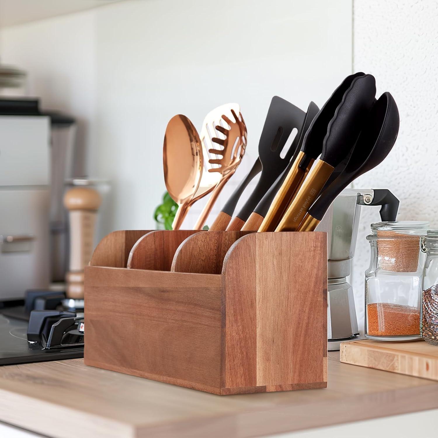 Wooden Utensil Holder for Kitchen Counter, Large Acacia Rustic Utensil Holder for Countertop with 3 Compartments, Wall Mounted Cooking Utensil Holder,