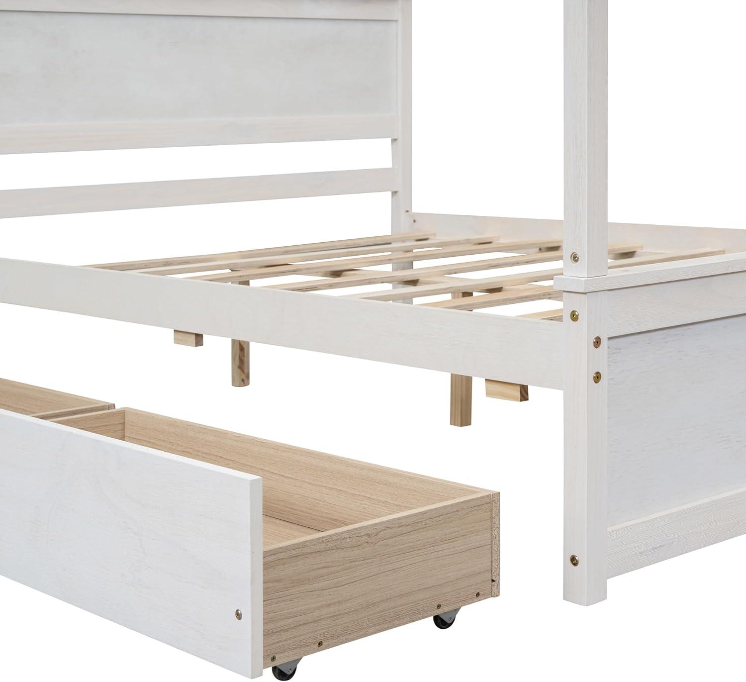 CITYLIGHT Full Size Canopy Bed with 2 Storage Drawers, Wooden Canopy Platform Bed with Headboard, Four Post Bed (Brushed White)