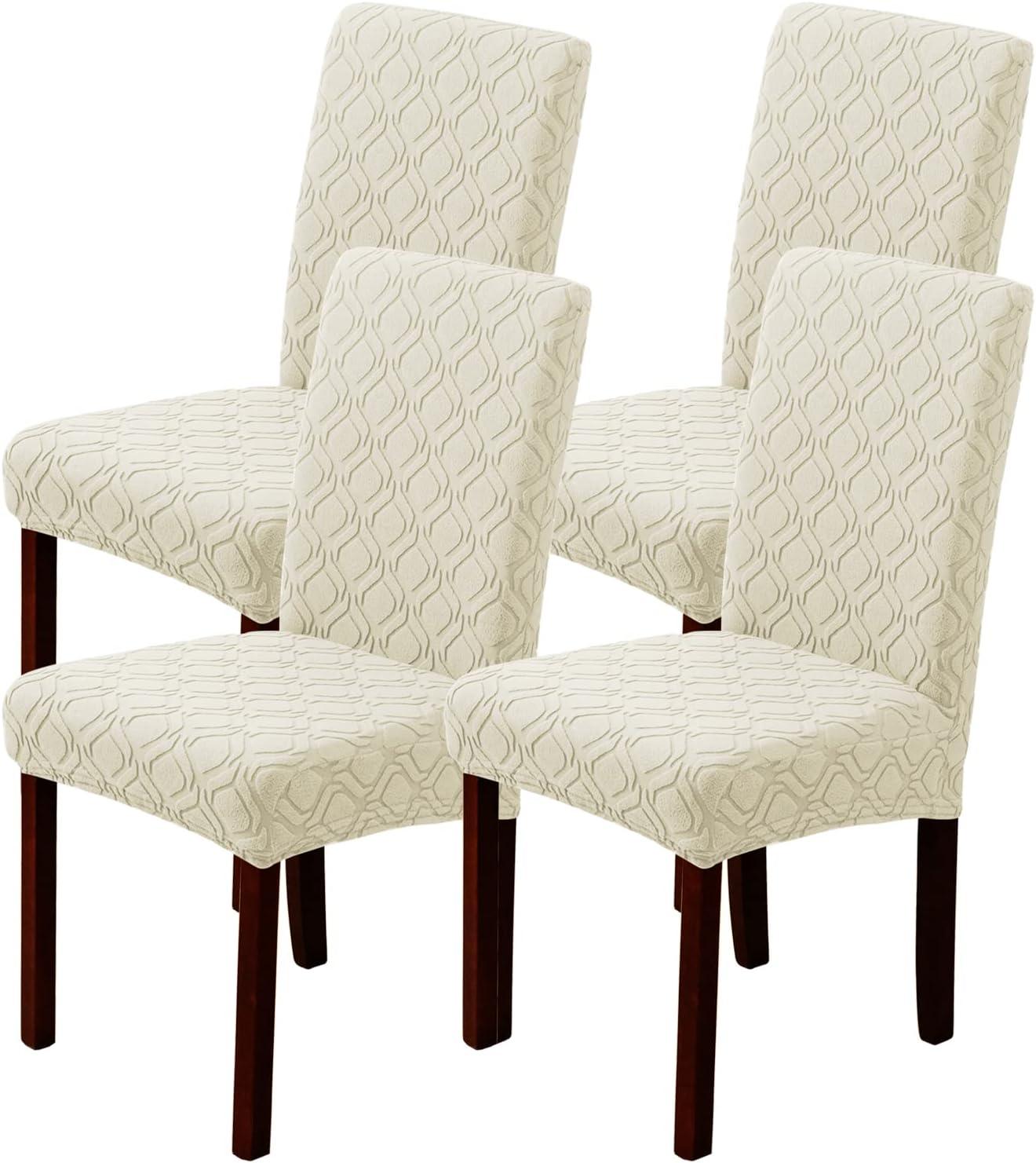Beige Stretch Jacquard Dining Chair Covers, Set of 4