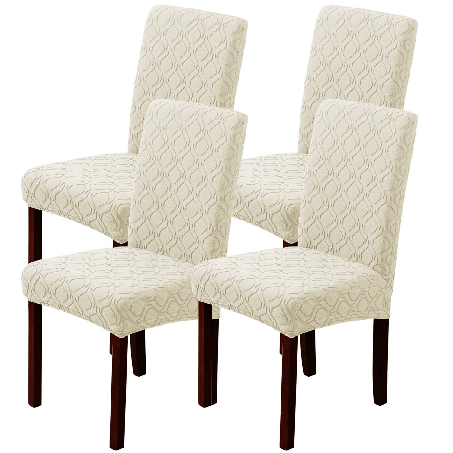 Beige Stretch Jacquard Dining Chair Covers, Set of 4