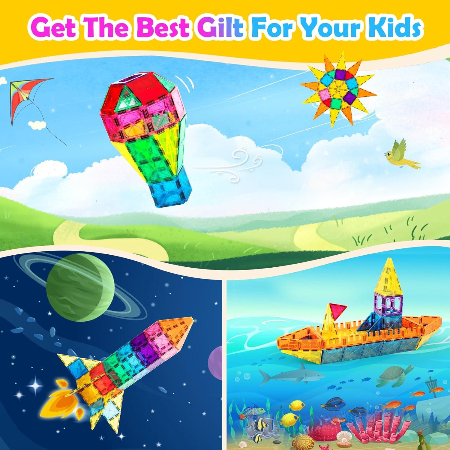 Magnetic Tiles,100PCS 3D Building Blocks, Magnets Building Set for Kids, Construction STEM Stacking Toys, Magnets Toy Gift for Toddlers, Boys and Girls