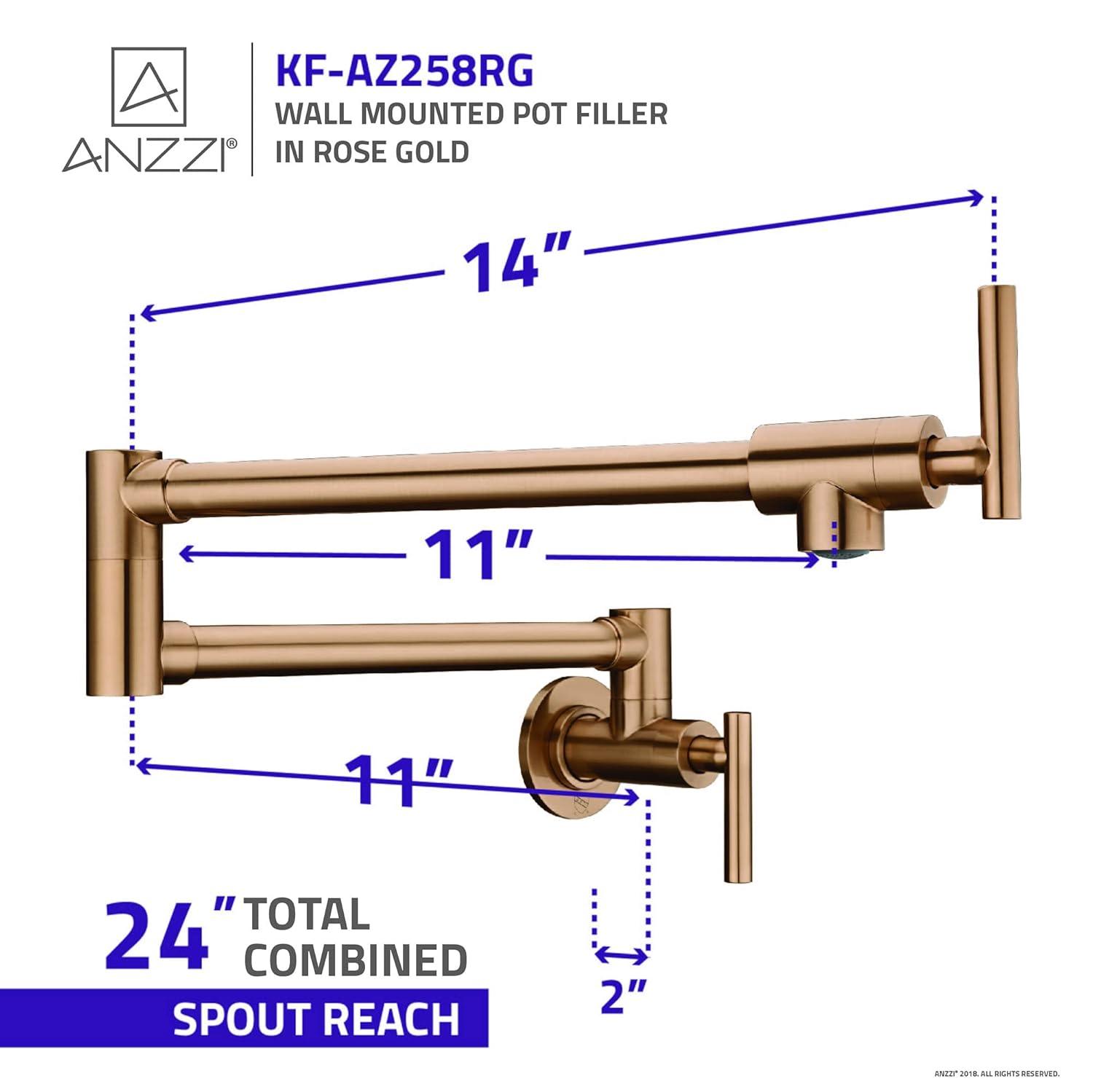 Braccia Series 24" Wall Mounted Pot Filler in Rose Gold | 24” Reach Spout Solid Brass Two Handle Dual Shut-Off Valve Double Joint Swing Arm Wall Mount Single Hole Kitchen Folding Faucet | KF-AZ258RG
