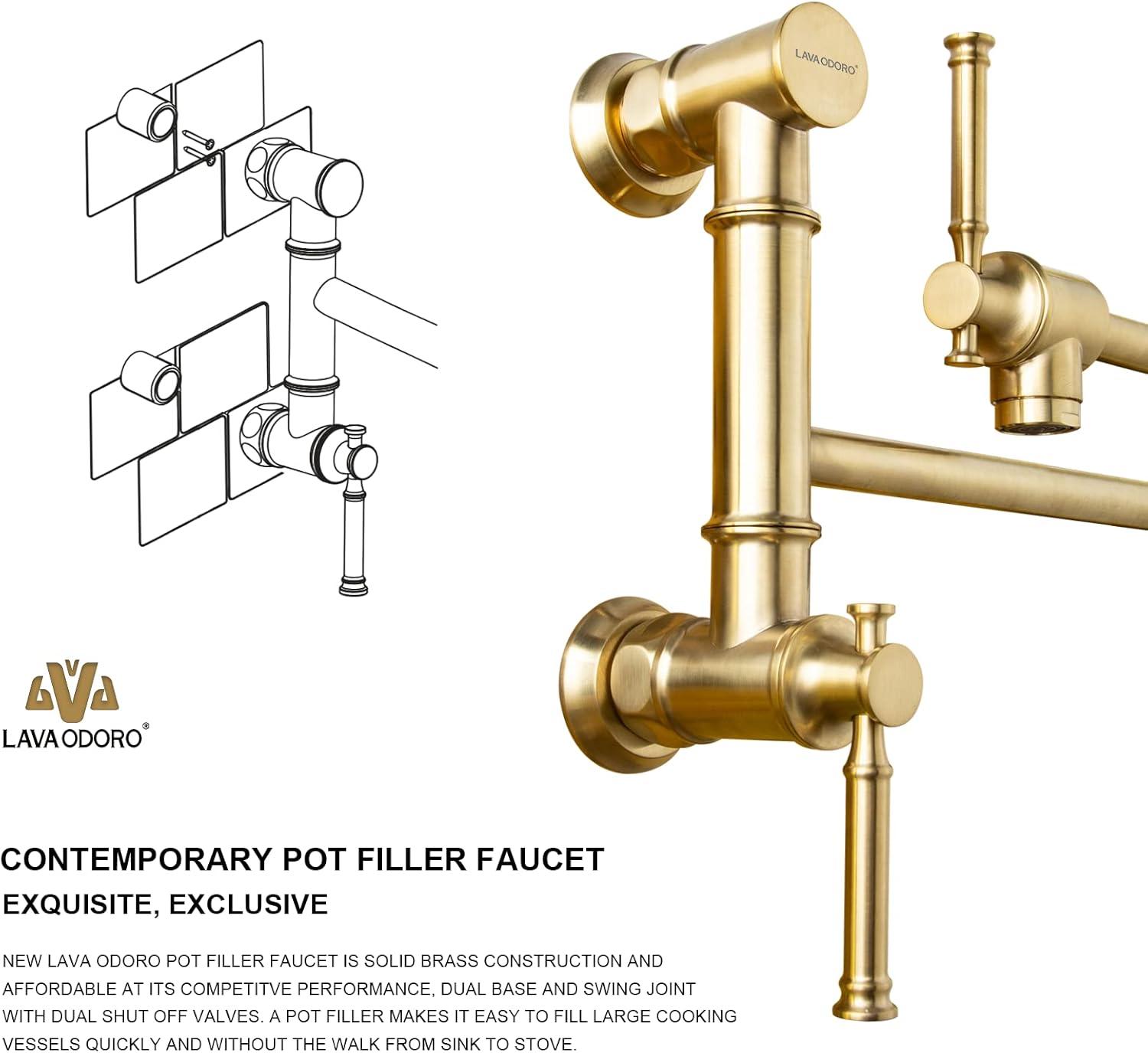 Brushed Gold Brass Wall-Mount Pot Filler Faucet with Swing Arm