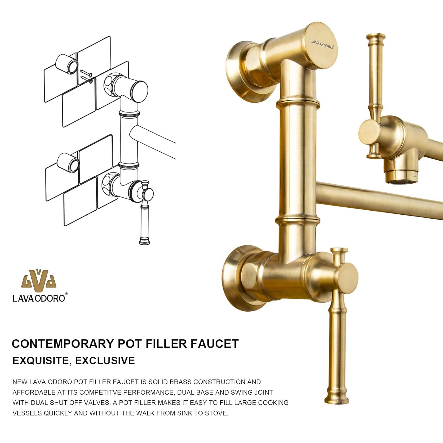 Brushed Gold Brass Wall-Mount Pot Filler Faucet with Swing Arm