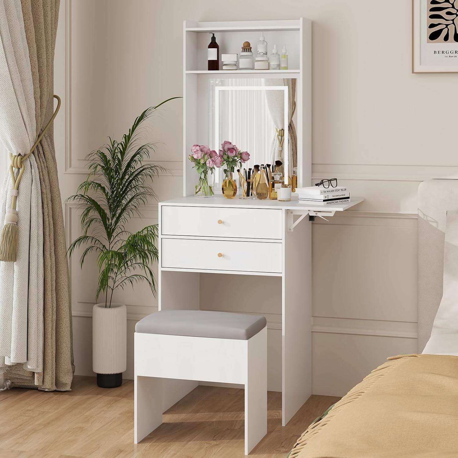 White Small Vanity Desk Set with Mirror and Lights Makeup Table with Drawer, Storage Chair, and Fold-up Panel for Small Space Bedroom