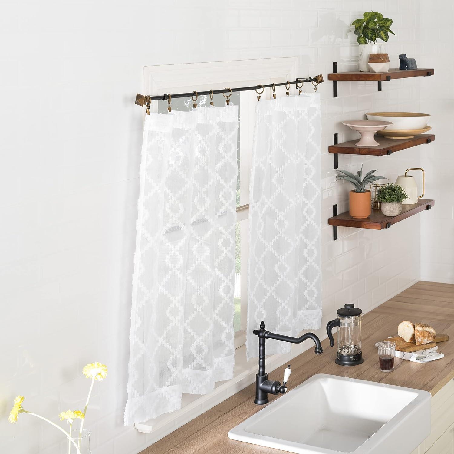 No. 918 Tina Geometric Clipped Semi-Sheer Rod Pocket Kitchen Curtains, 54"x36"