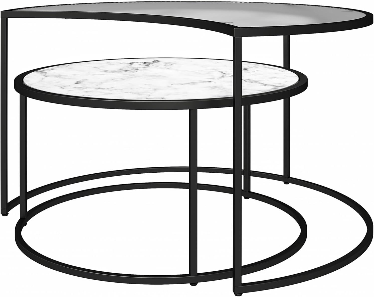 Lunar Crescent 34'' White Marble and Glass Nesting Coffee Tables