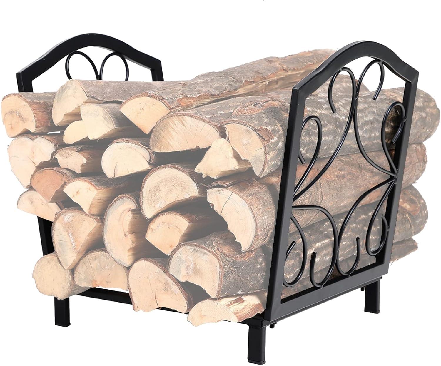 PHI VILLA 17 Inch Small Firewood Log Rack Decorative Indoor/Outdoor Steel Wood Storage Log Rack Wood Holder Circle Design, Black