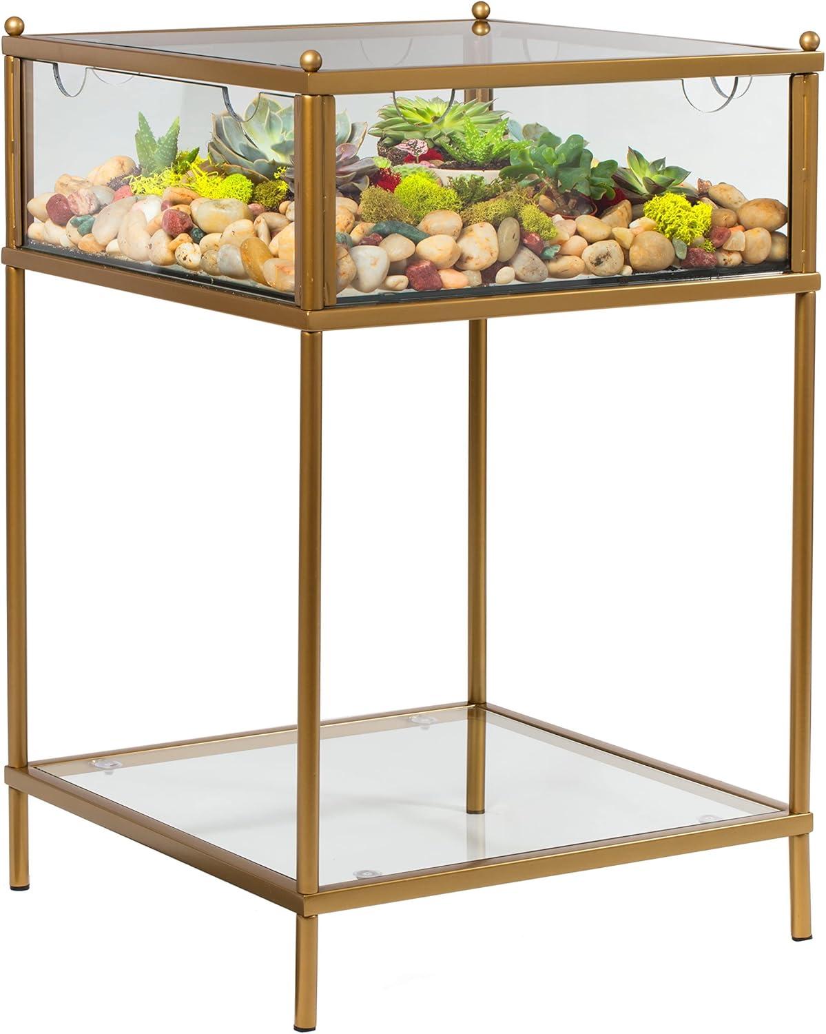 Gold Iron Square Terrarium End Table with Reinforced Glass, 18x18x27