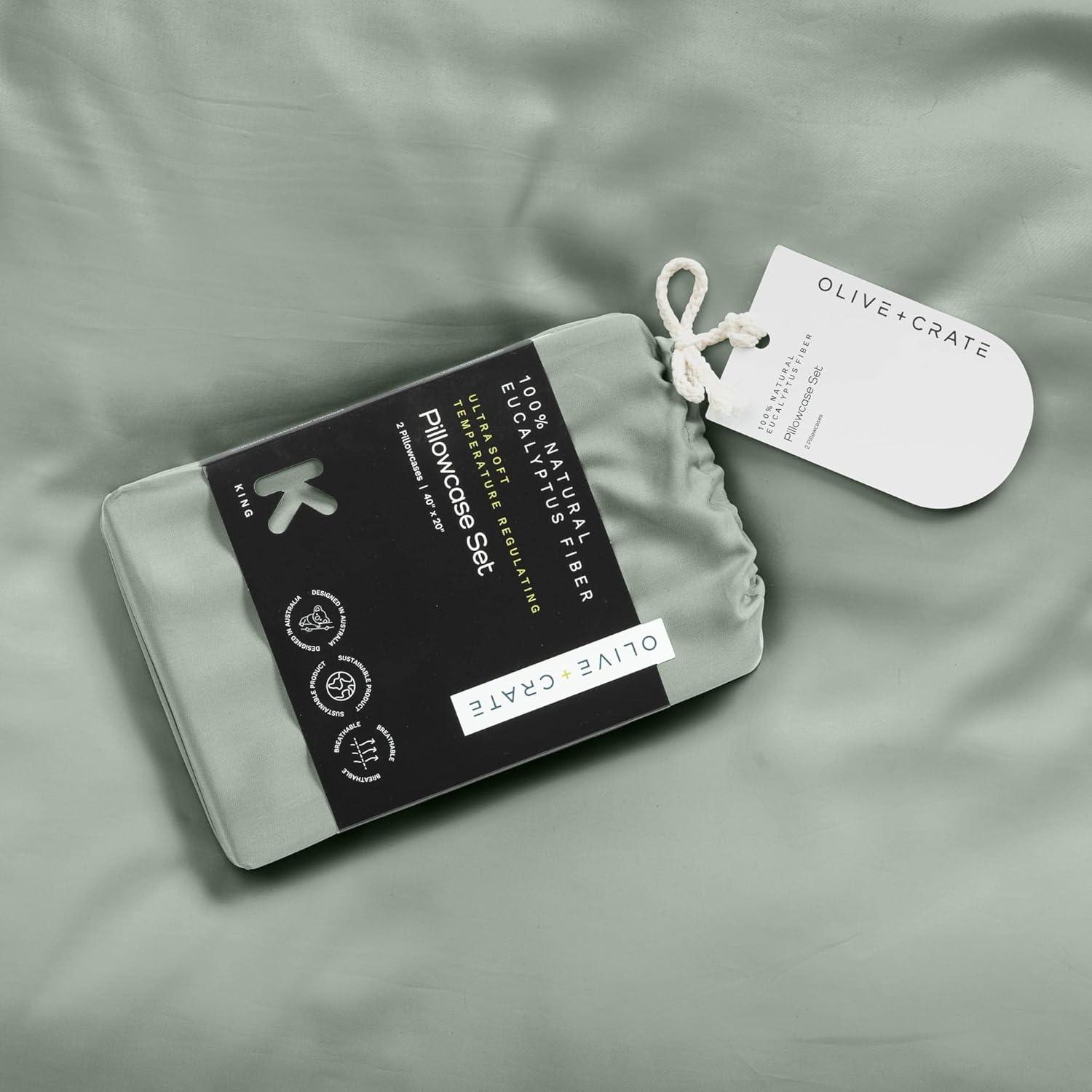 Olive + Crate Tencel Eucalyptus Pillowcases - 100% Tencel Lyocell Cooling Pillow Cases for Hot Sleepers, Hypoallergenic, Moisture-Wicking, Silk Alternative, Vegan, Standard Size Set of 2 [Spring Sage]