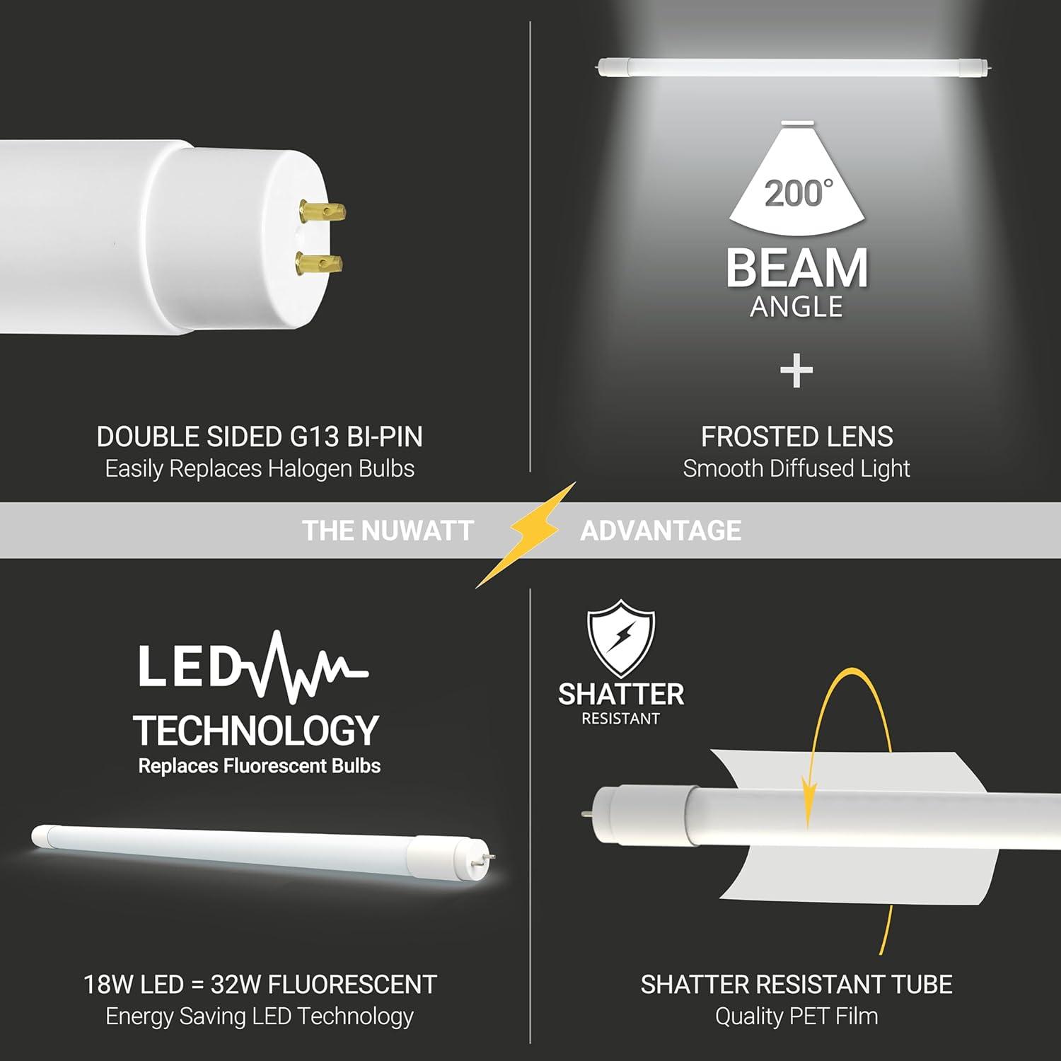 NuWatt 4FT T8 LED Tube Lights A&B Hybrid 3000K warm White, 18W Plug & Play or Ballast Bypass,G5 30PK