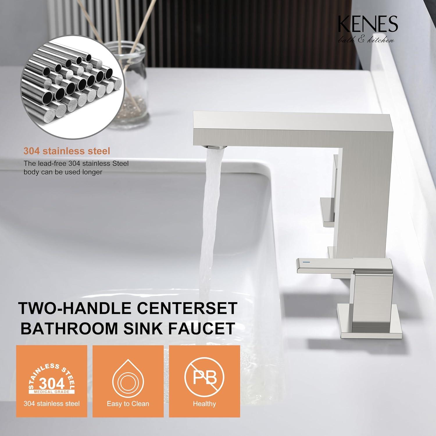 KENES 2 Handle Widespread Bathroom Faucets Brushed Nickel, Bathroom Sink Faucet 3 Hole Vanity Faucet with Lead-Free Supply Hose, KE-9050