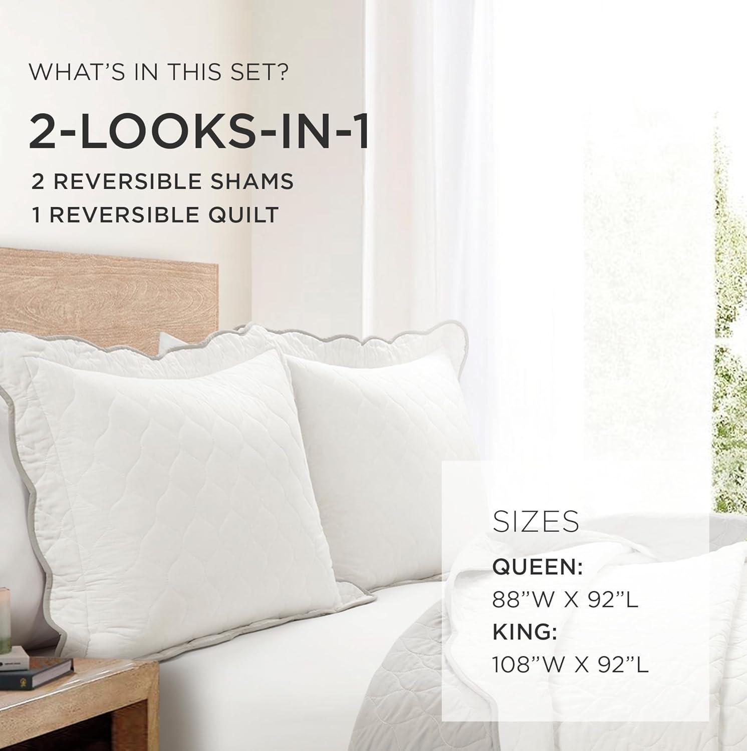 Lush Decor Coastal Chic Scallop Edge Reversible Quilt Set Gray/White 3 Piece Set Full/Queen - Soft Elegant Affordable Luxury Bedding Set