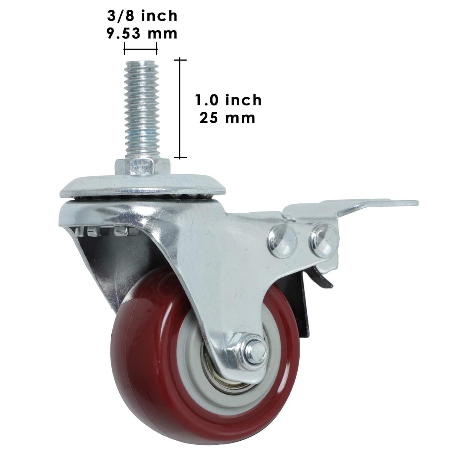 Caster Wheels Set of 4 with Brake Plate Swivel Casters Premium Polyurethane Wheels PU Load Bearing 1,200 Lbs Lockable Anti-wear Smooth Casters Red