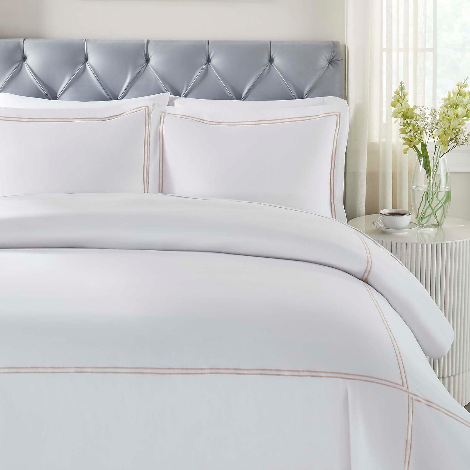 Superior Spring Blooms Embroidered Cotton Duvet Cover Set, Full/Queen, White/Taupe