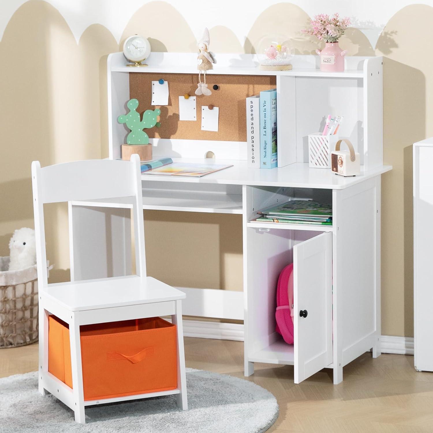 Soonbuy Kids Desk, Wooden Study Desk and Chair Set for Children, Writing Desk with Storage for 3-8 Yrs Boys Girls,White