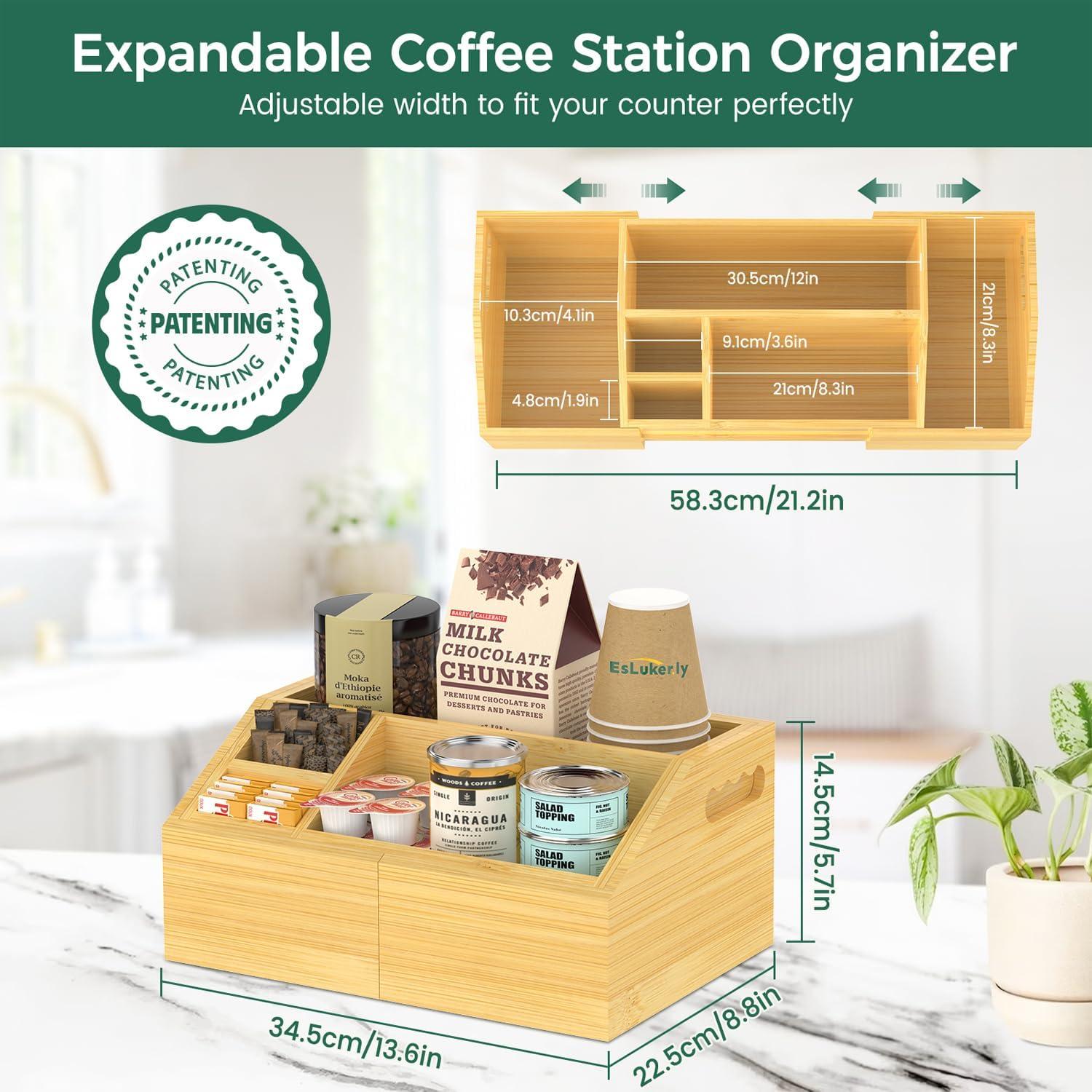 Coffee Station Organizer Countertop, Bamboo Extendable Coffee Bar Condiment Accessories Storage, Space-Saving Coffee Tea Supply For Home Office, Kitchen Coffee Area Nook For Coffee Lovers