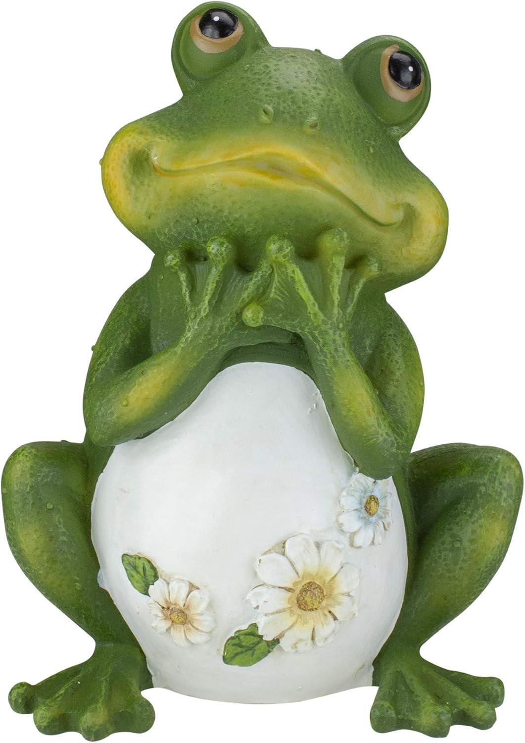 Green and White Resin Frog with Daisies Garden Statue