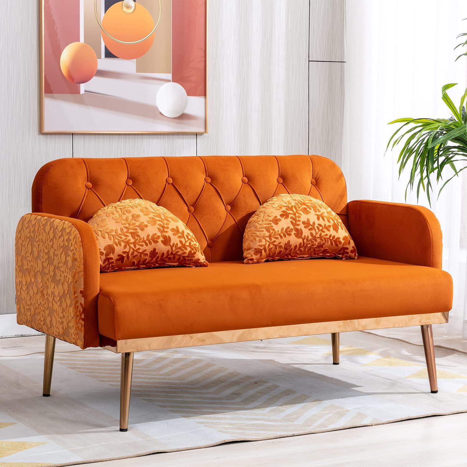 55" Velvet Sofa with 2 Pillows and Golden Metal Legs,Twin Size Loveseat Accent Couch with Button Tufted Backrest and Armrests, Living Room Sofa