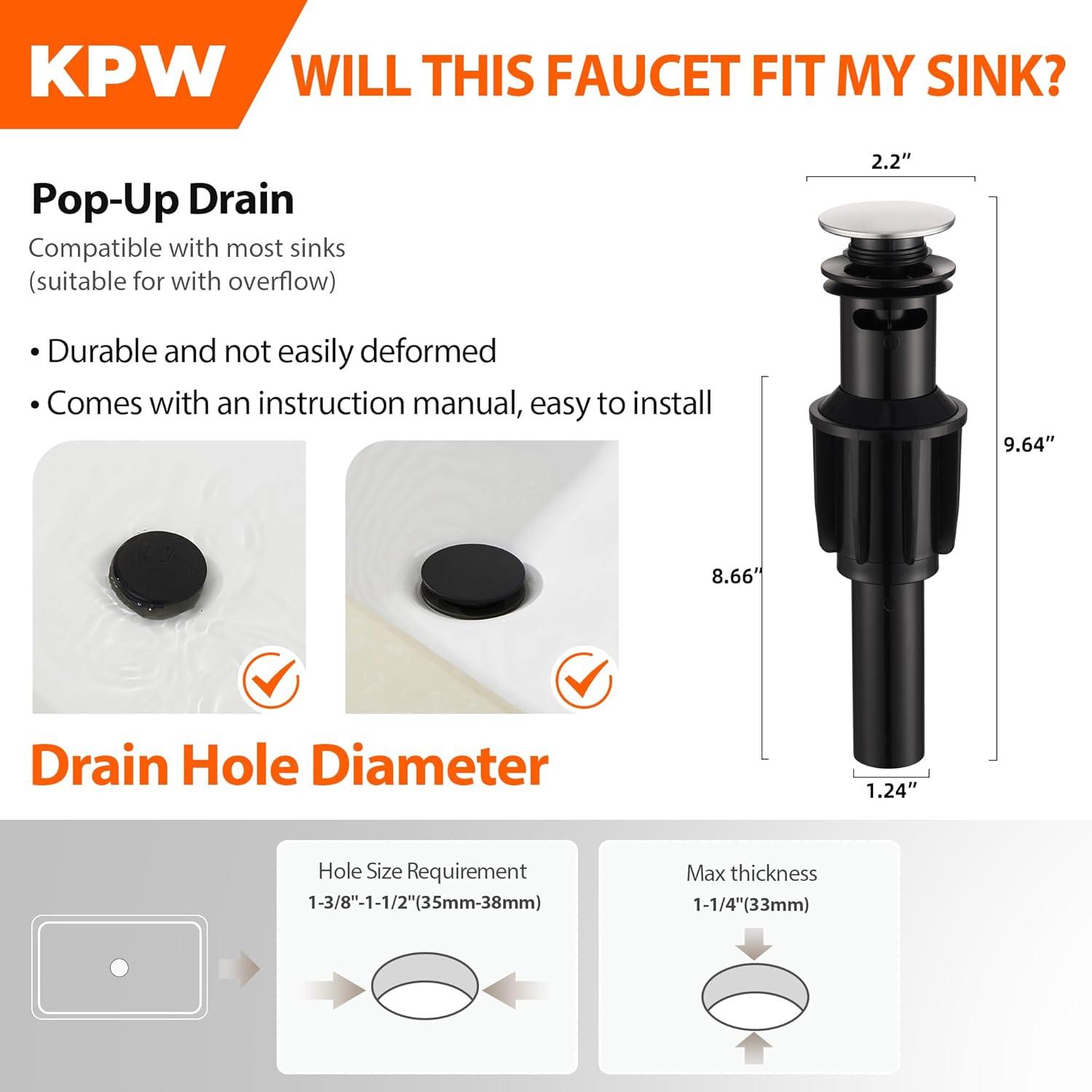 Bathroom Sink Faucet One Hole,Lavatory Tap for Basin,Matte Black Bathroom Sink Faucet with Metal Pop Up Drain Assembly， Bathroom Faucet 1 Hole with 3 Hole Deck Plate