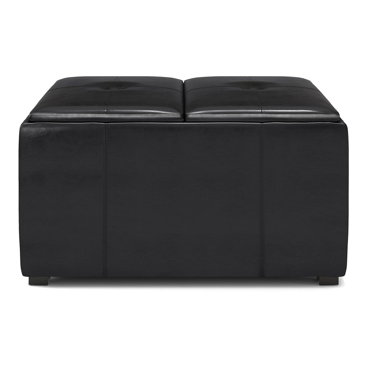Simpli Home Avalon 34in.W Coffee Table Storage Ottoman in Midnight Black Faux Air Leather
