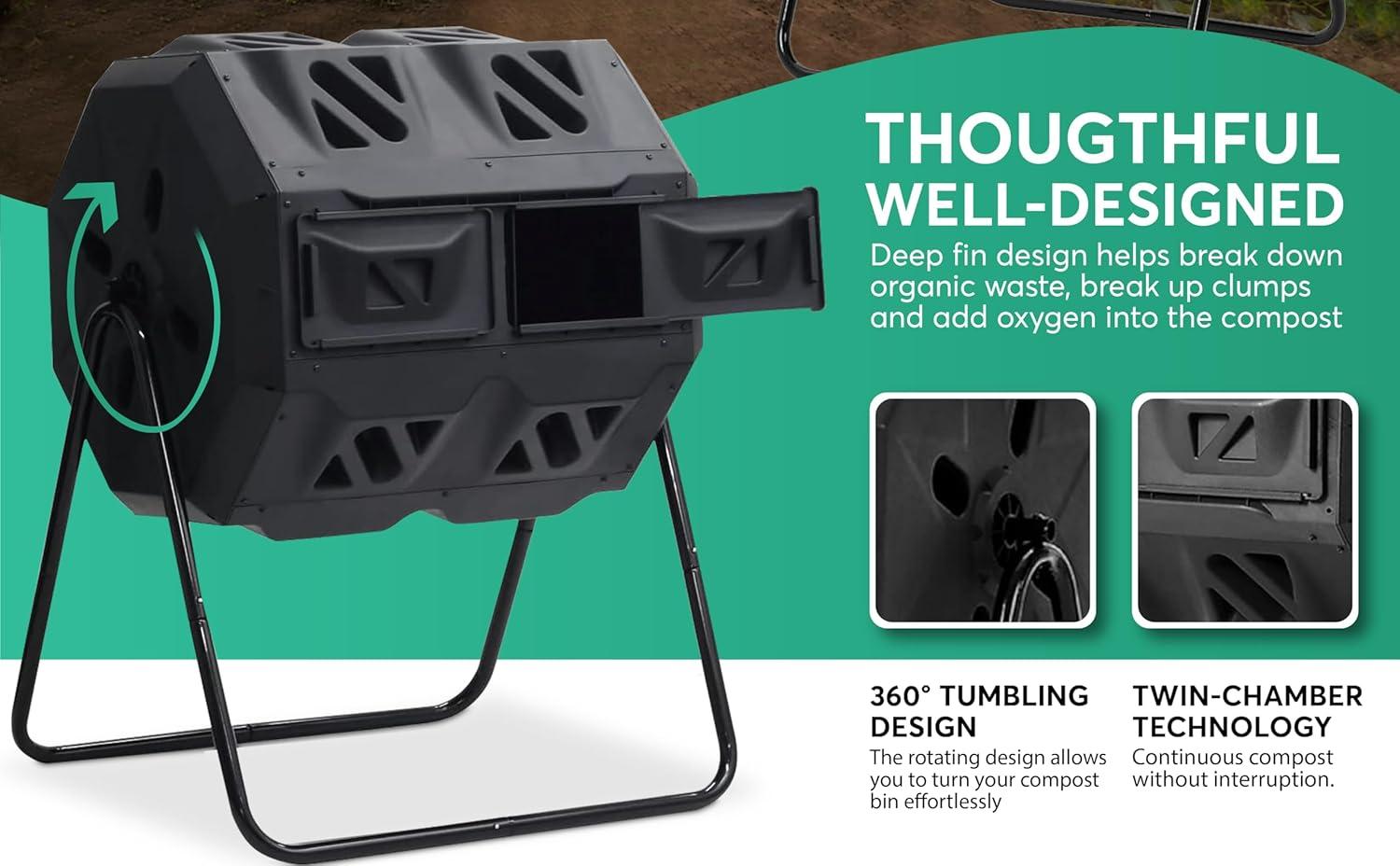 Composter with Stainless Steel Center Tube, 43 Gallon, Dual Chamber