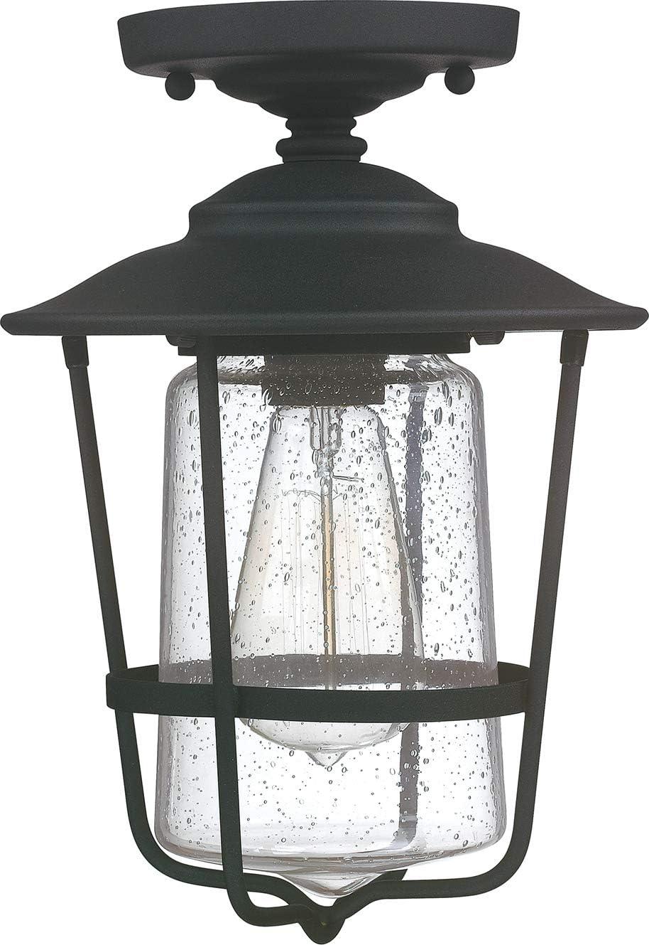 Black Clear Glass Outdoor Semi-Flush Lantern Ceiling Light