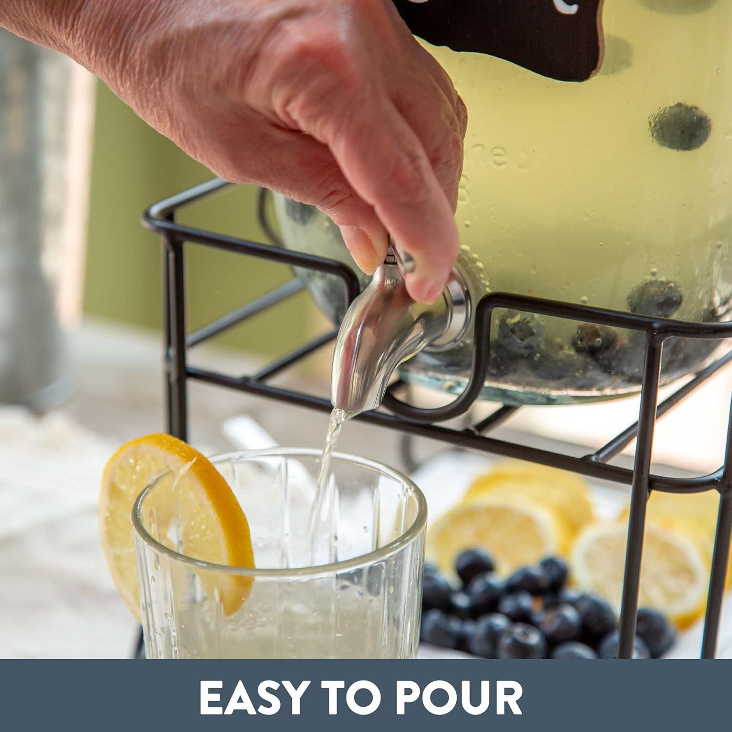 Crutello Outdoor Glass Beverage Dispenser with Stainless Steel Spigot & Ice Cylinder - 2 Gallon Drink Dispenser for Tea, Lemonade, Cold Water & More - A Family-Owned American Brand