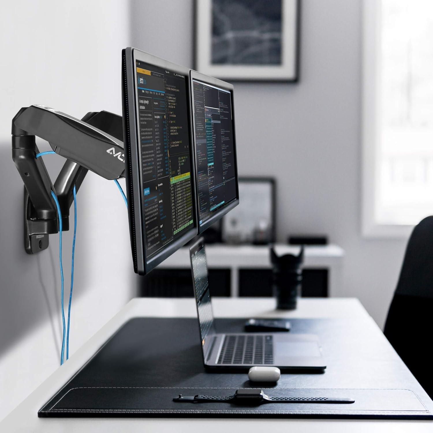 AVLT Dual 17"-32" Monitor Wall Mount - Fits Two 19.8 lbs Flat/Curved Monitors - Full Motion Height Swivel Tilt Rotation Adjustable Arm - VESA/Cable Management
