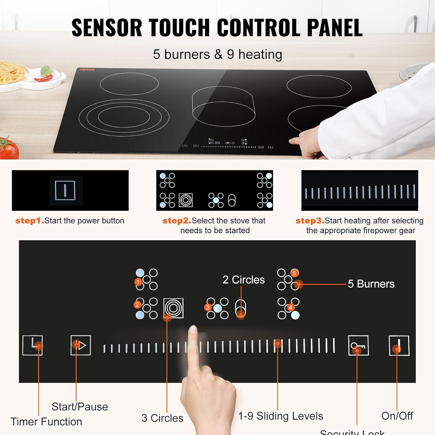VEVOR 30" Black Electric 5 Burner Cooktop with Dual Size Power Burner