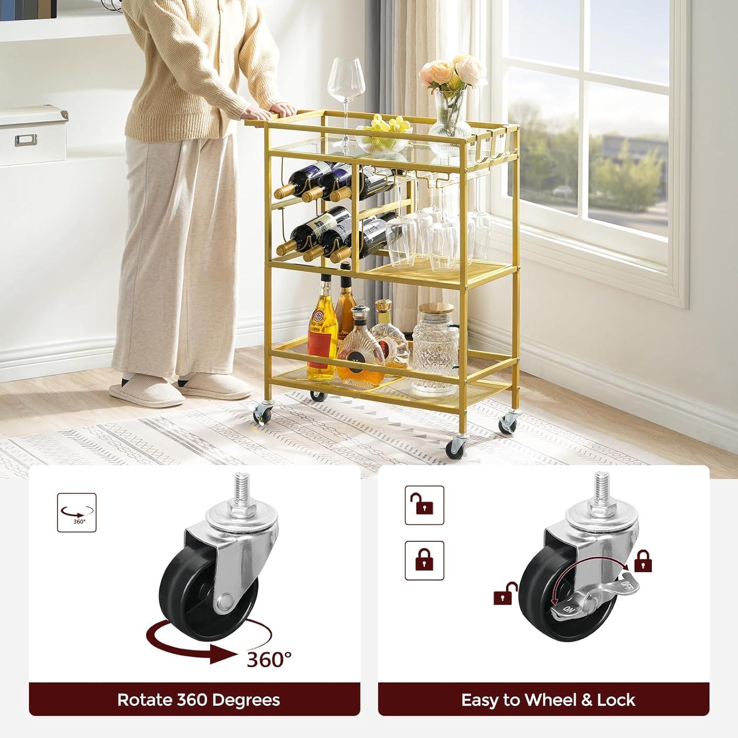 Bar Cart for Home, 3-Tier Serving Cart with Wheels and Handle, Beverage Cart with Wine Rack and Glass Holders, Rolling Wine Cart for Kitchen, Dining Room, Gold RCJ61B01