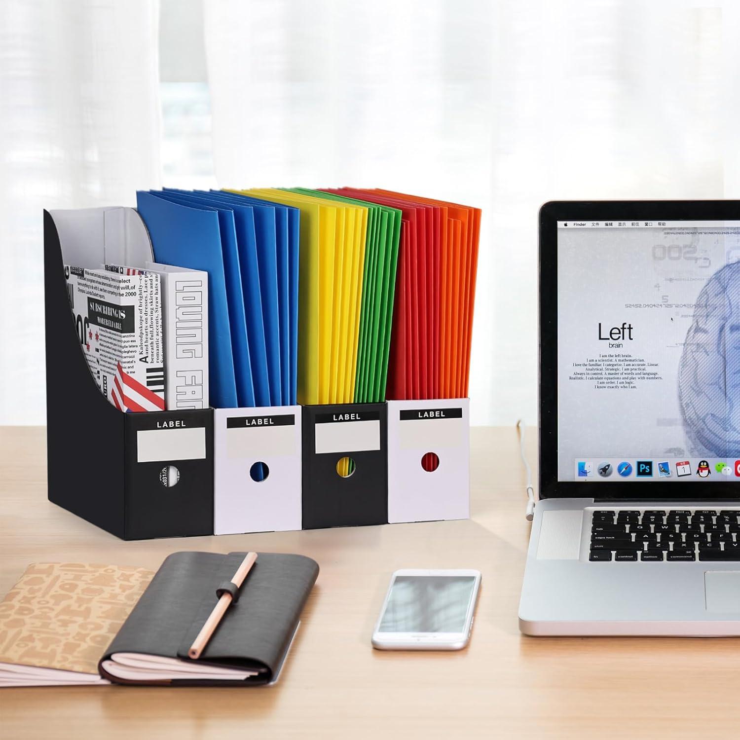 HUAPRINT Magazine File Holder(12 Pack,White)-Folder Holder,Desk File Organizer,Document Holder Box,Magazine Storage Box,With Labels