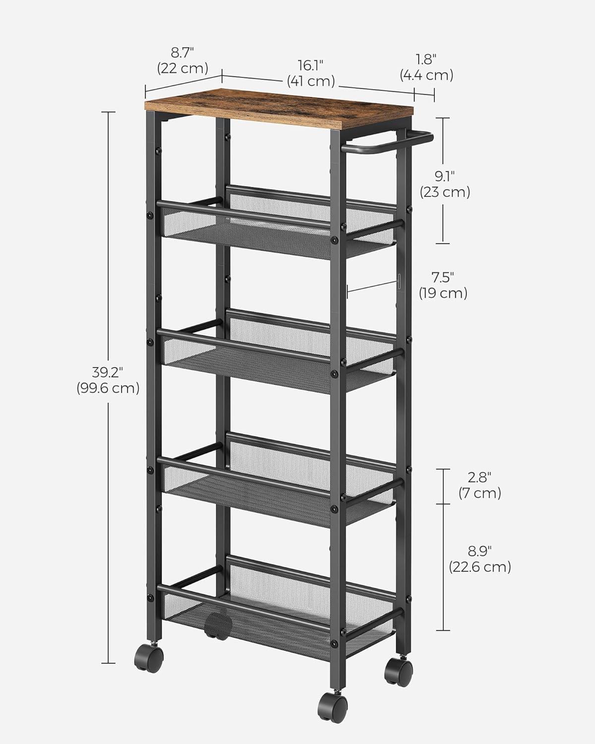 VASAGLE Slim 5-Tier Rolling Cart with Metal Frame in Rustic Brown and Black