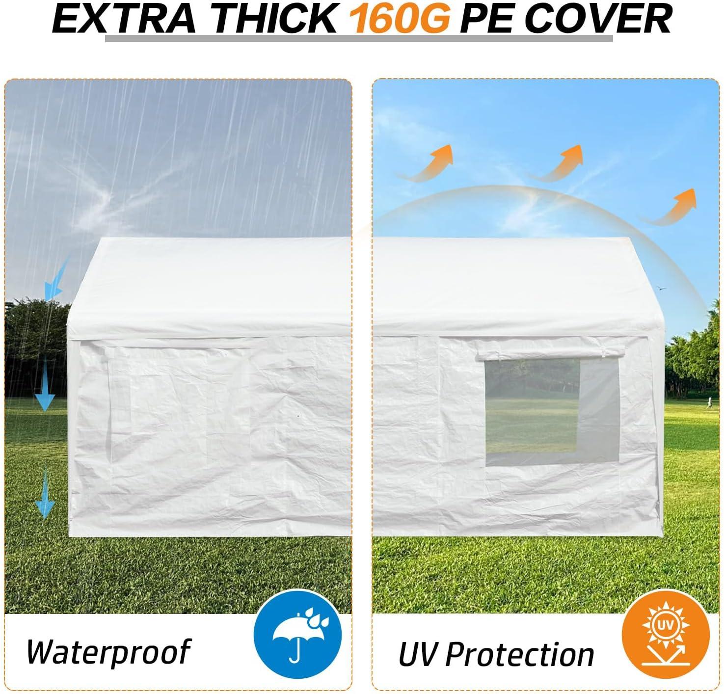 Aoodor 20 x 10 FT. Vehicle Carport Canopy Portable Garage Party Canopy Tent Boat Shelter, Heavy Duty Metal Frame with Removable Rool-up Sidewalls and Doors, White