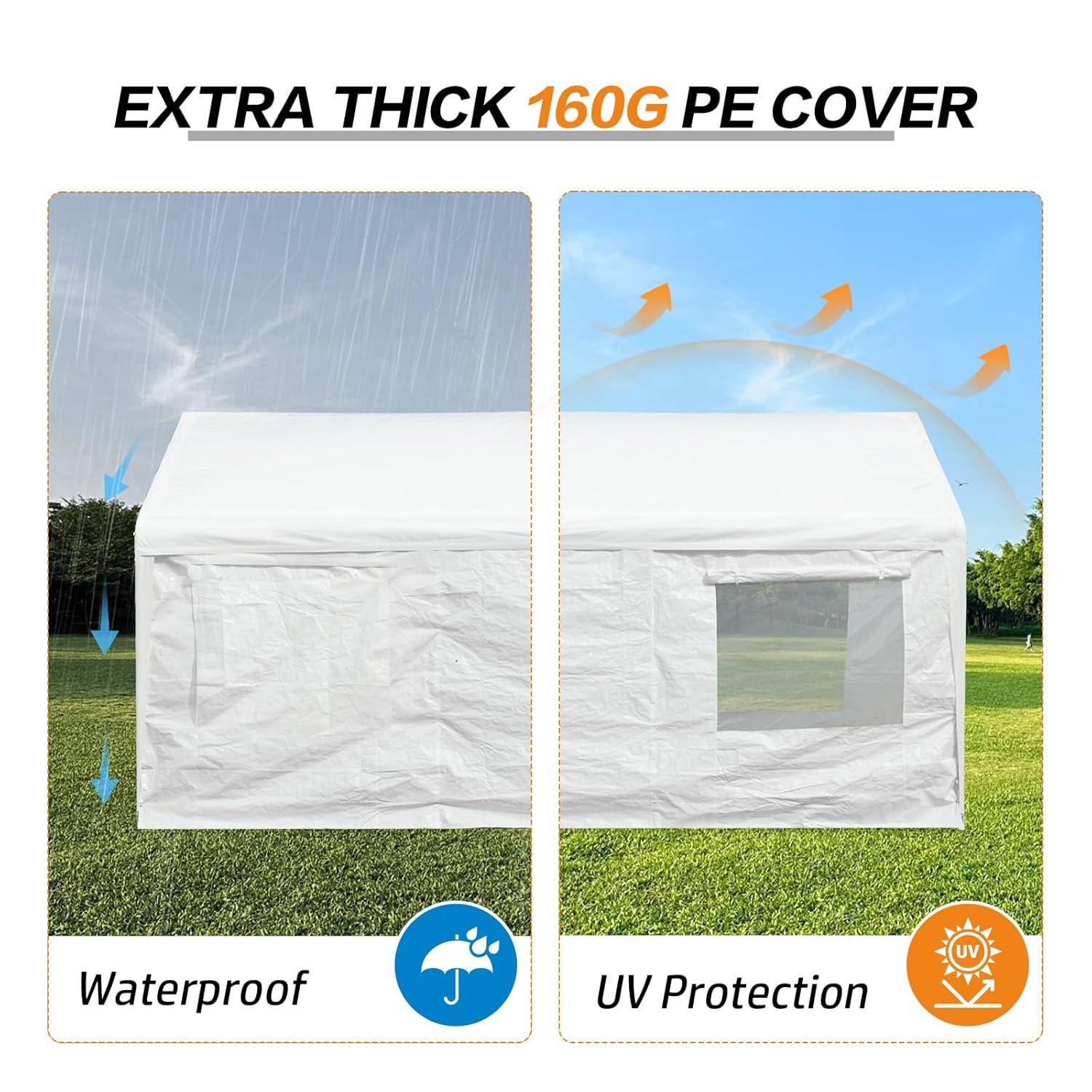 Aoodor 20 x 10 FT. Vehicle Carport Canopy Portable Garage Party Canopy Tent Boat Shelter, Heavy Duty Metal Frame with Removable Rool-up Sidewalls and Doors, White