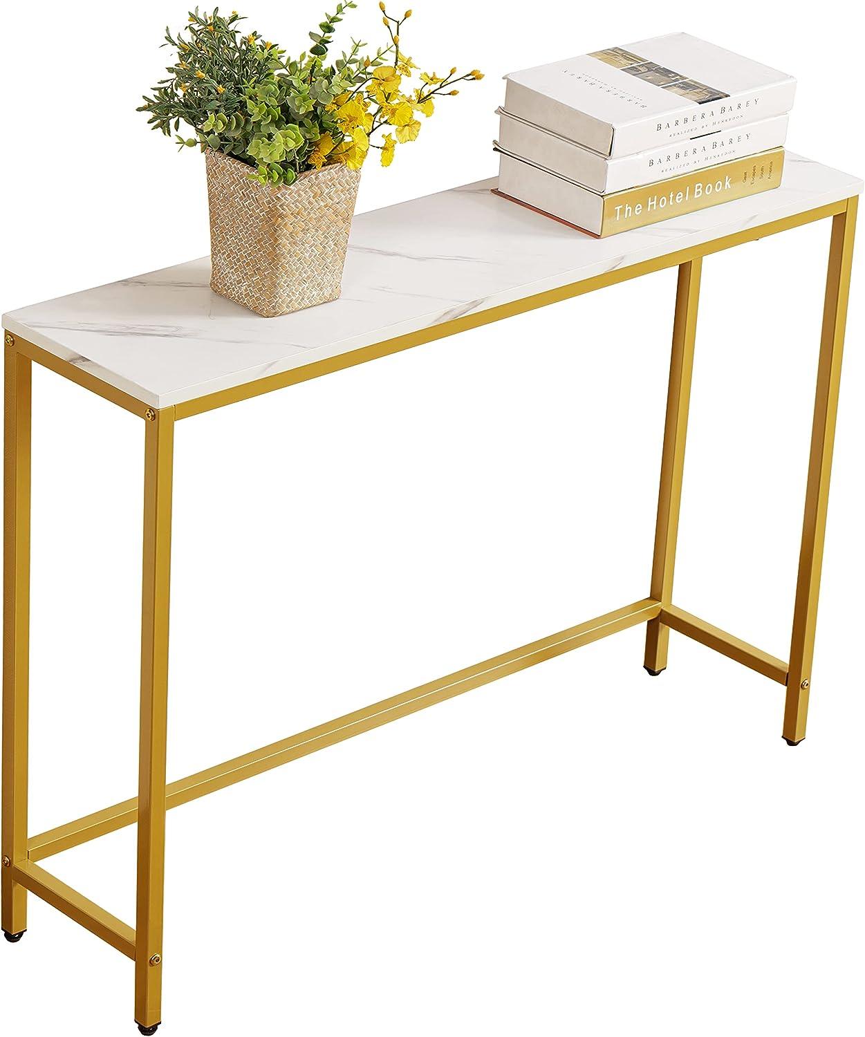 Console Table for Entryway, Faux Marble MDF Sofa Table with Golden Frame (Single Layer, White Marble)