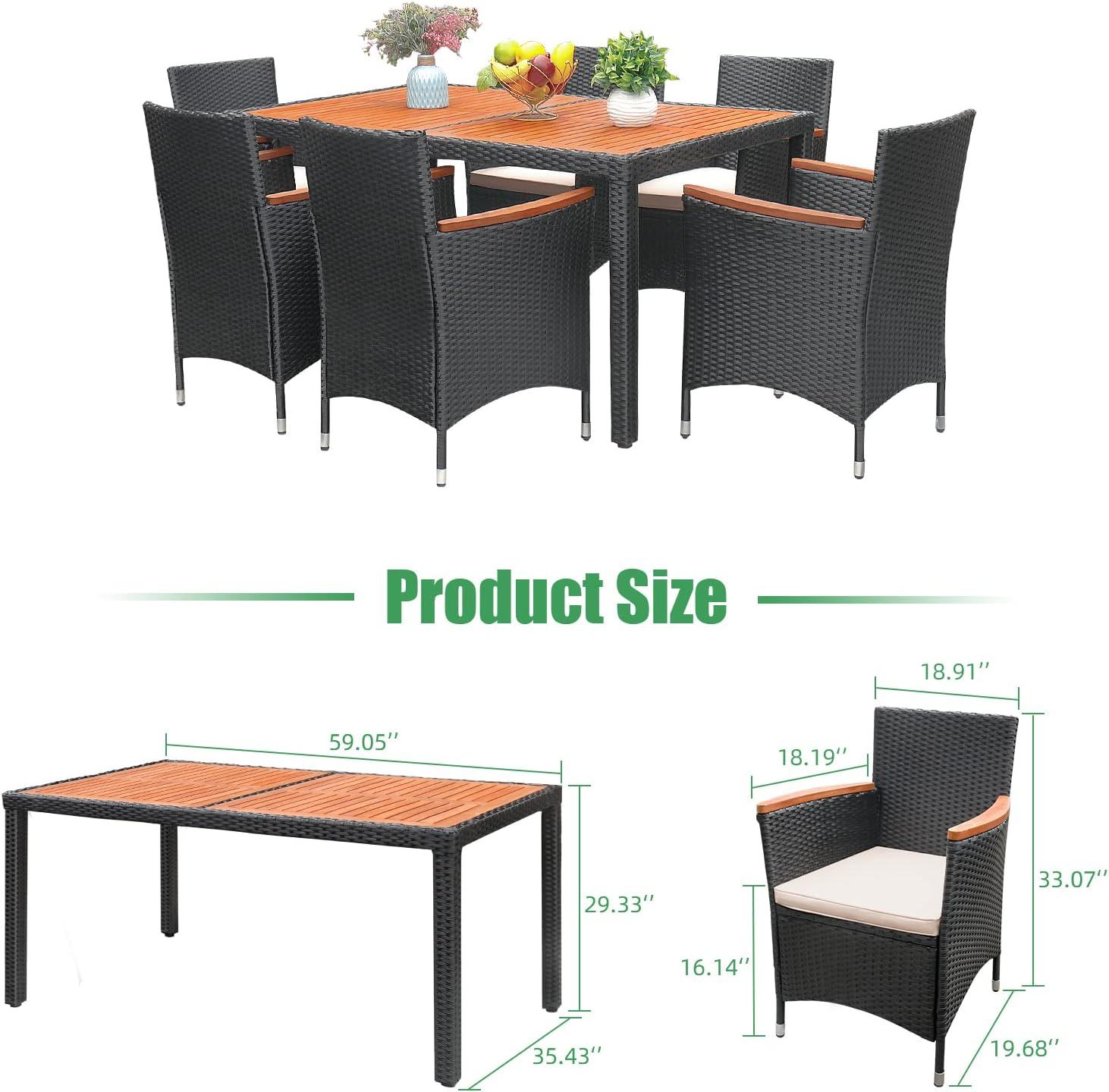 Zimtown 7 Piece Patio Dining Set, Outdoor Patio Conversation Set with Acacia Wood Table Top and Rattan Chairs and Soft Seat Cushions for Deck Backyard Garden, Black