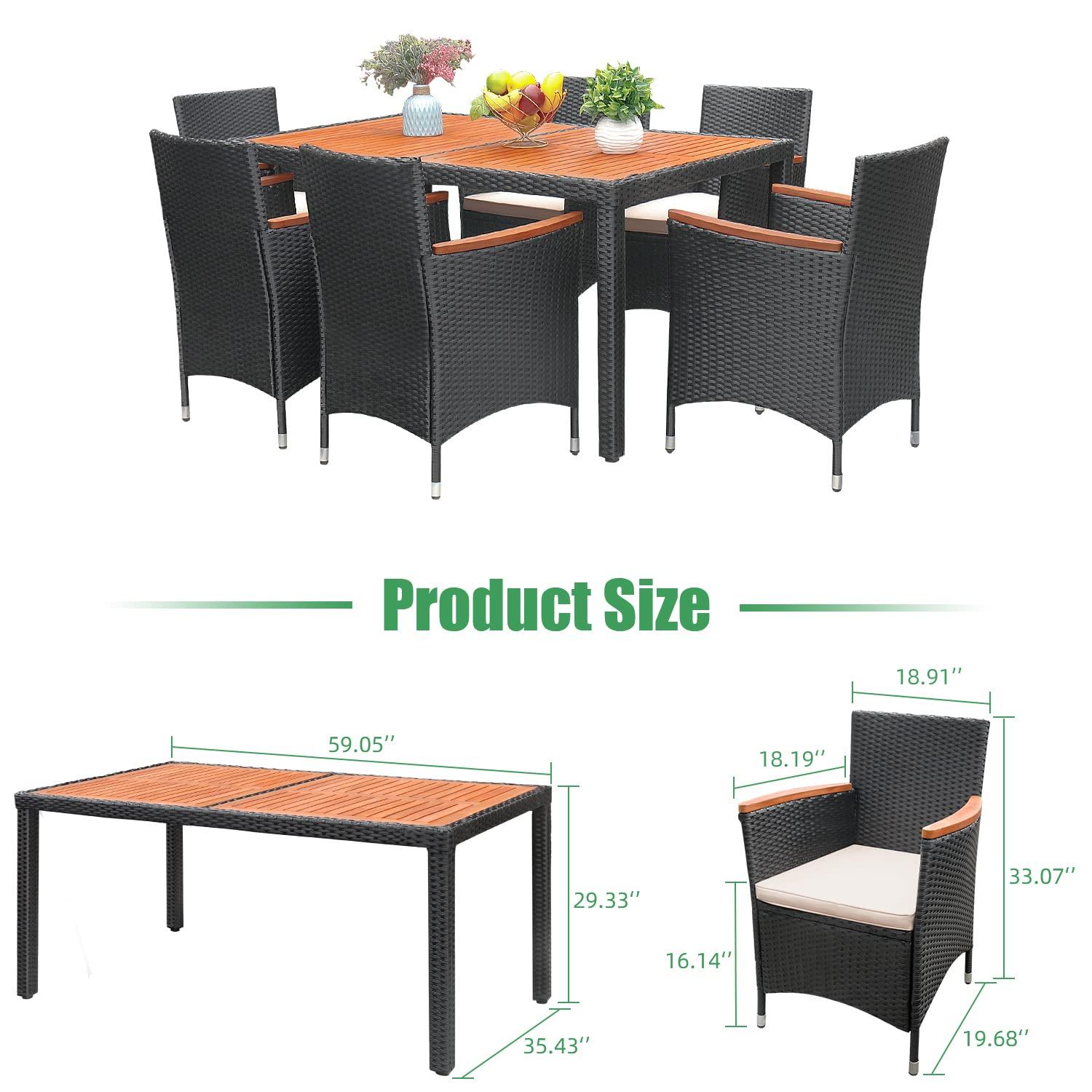 Zimtown 7 Piece Patio Dining Set, Outdoor Patio Conversation Set with Acacia Wood Table Top and Rattan Chairs and Soft Seat Cushions for Deck Backyard Garden, Black